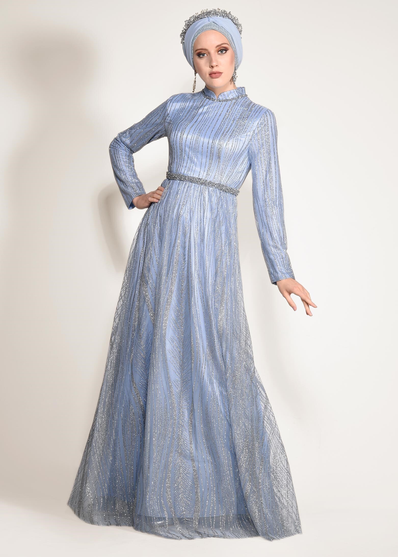 Tesettür giyim MAVİ HAKİM YAKA SİMLİ ABİYE ELBİSE 5496