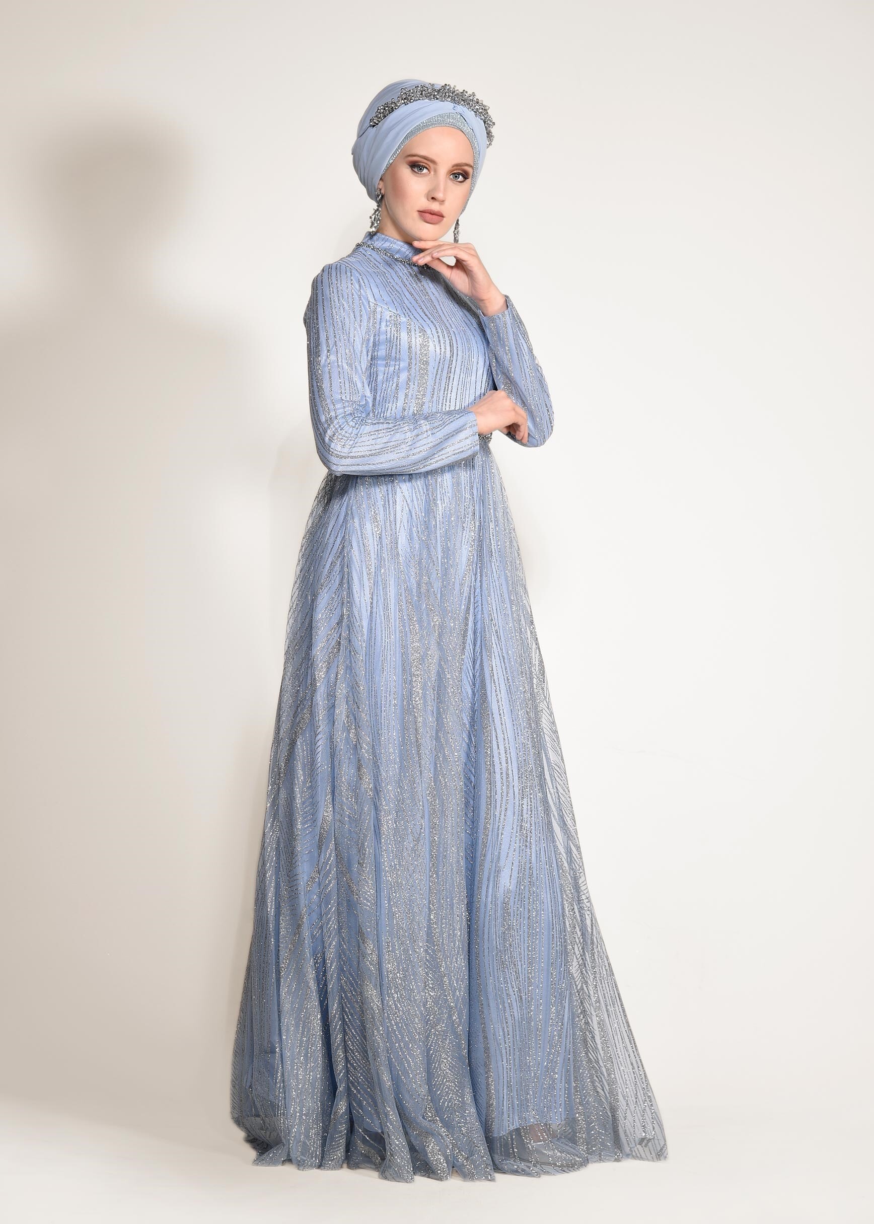 Tesettür giyim MAVİ HAKİM YAKA SİMLİ ABİYE ELBİSE 5496