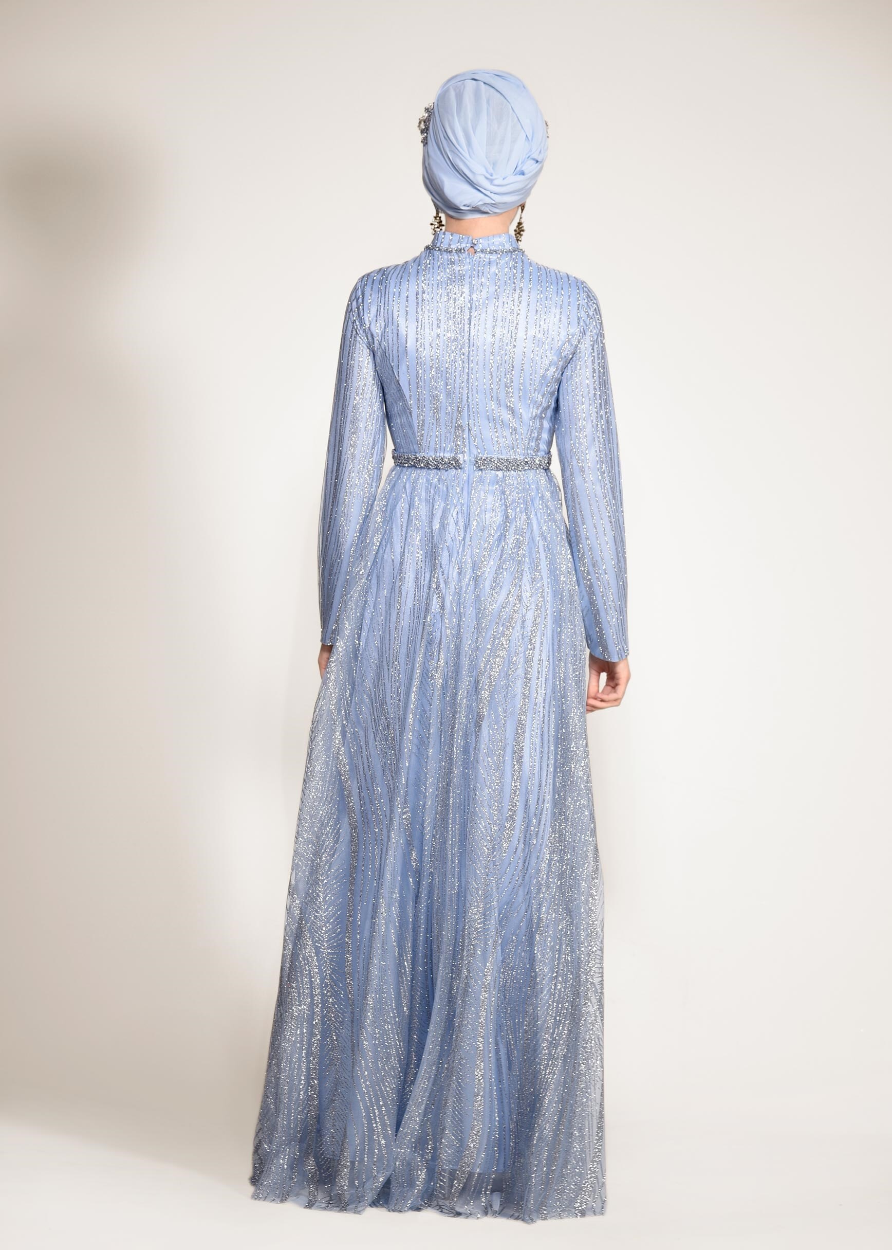 Tesettür giyim MAVİ HAKİM YAKA SİMLİ ABİYE ELBİSE 5496