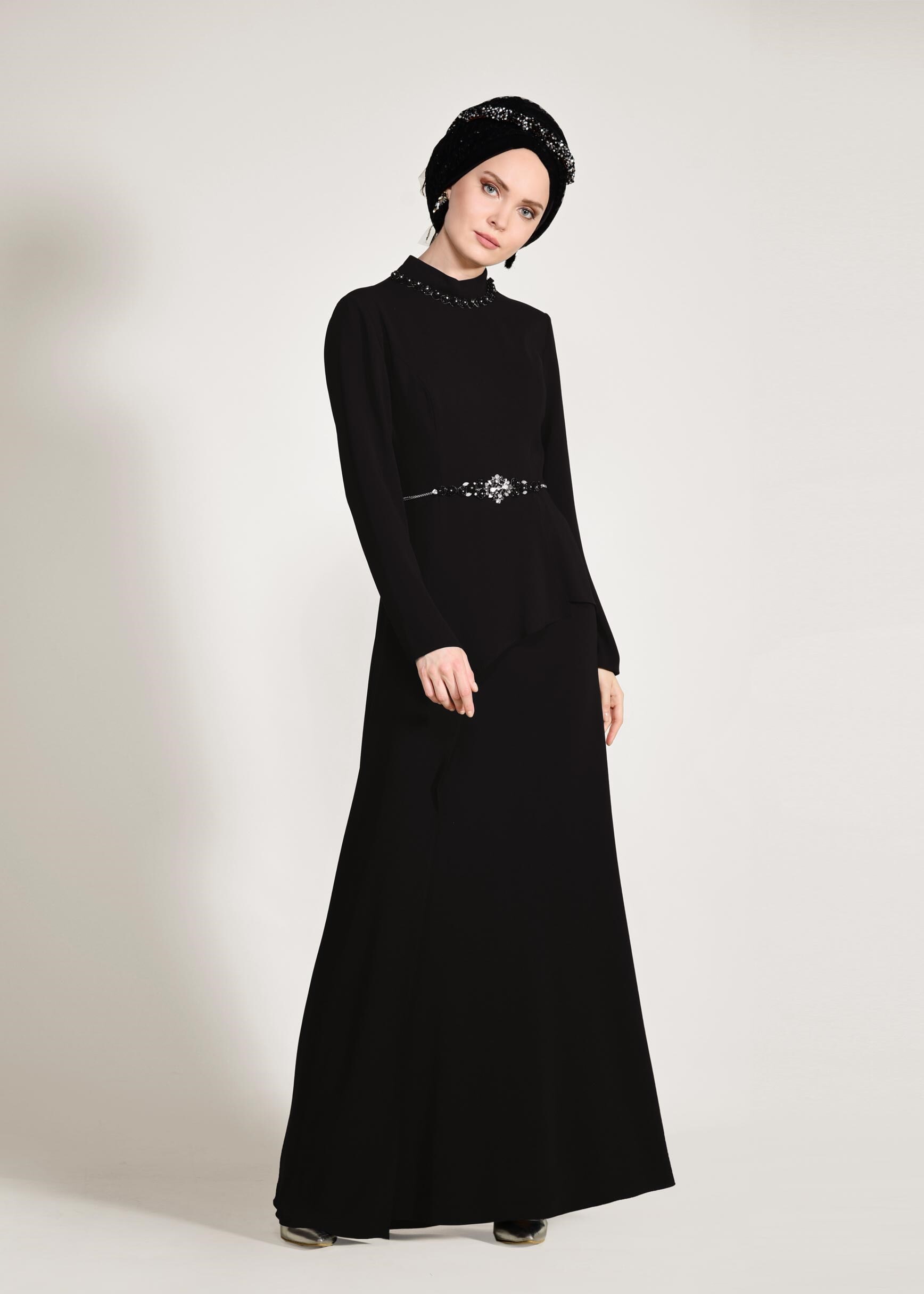 Tesettür giyim SİYAH BEL AKSESUARLI ABİYE ELBİSE 5501