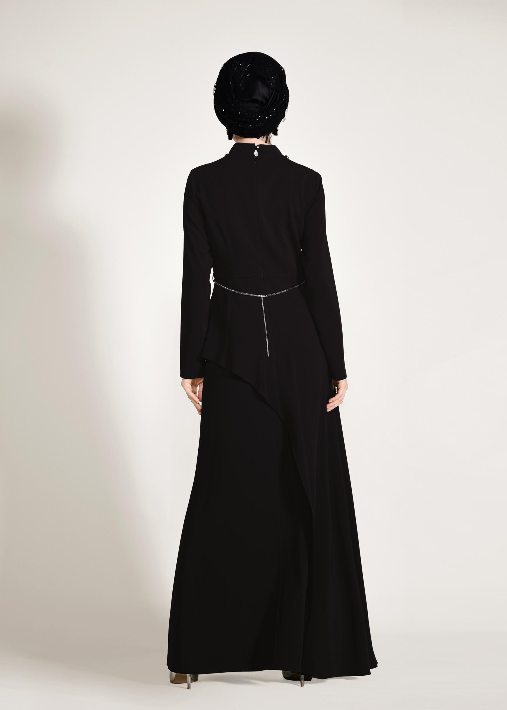 Tesettür giyim SİYAH BEL AKSESUARLI ABİYE ELBİSE 5501