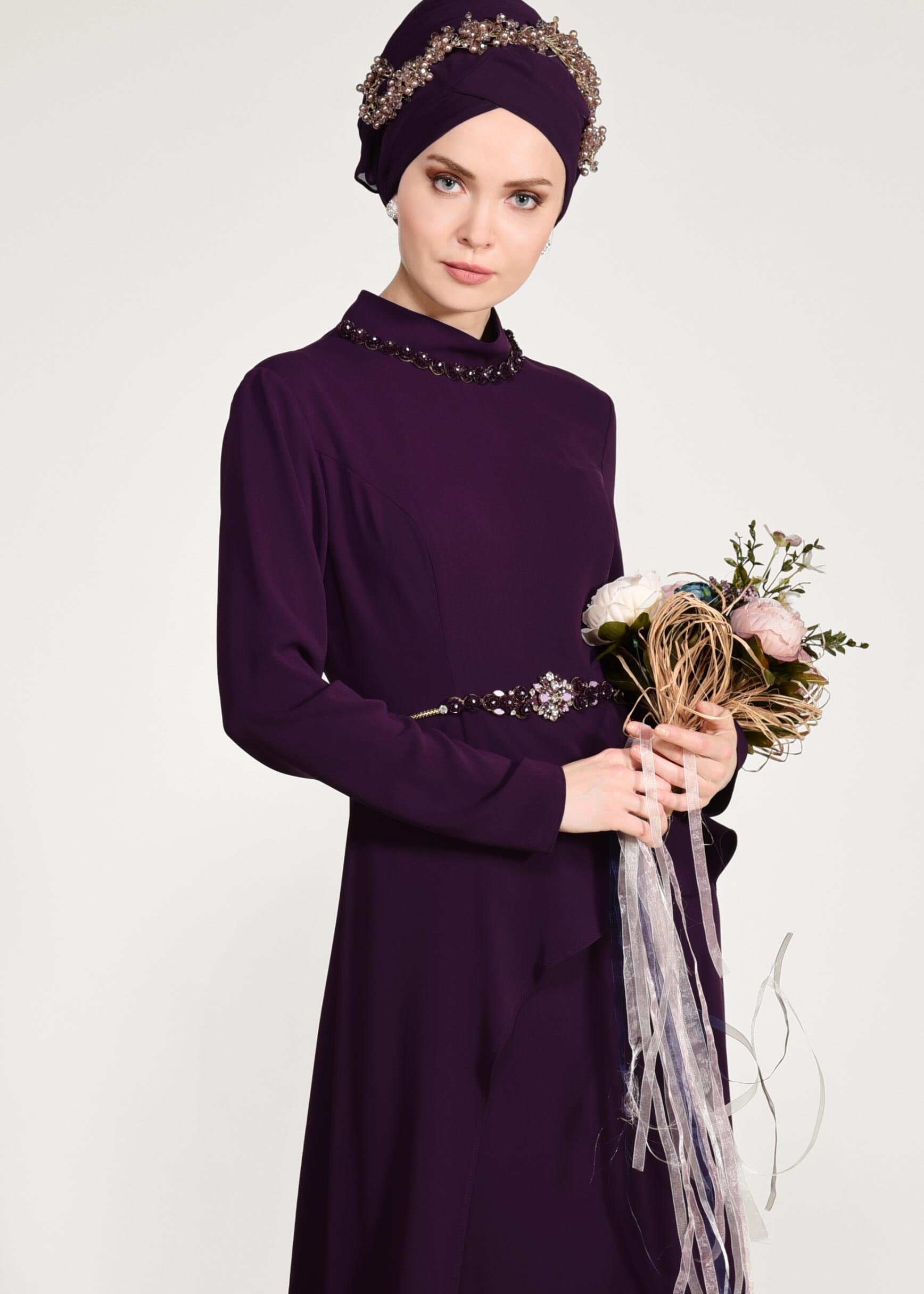 Tesettür giyim MOR BEL AKSESUARLI ABİYE ELBİSE 5501