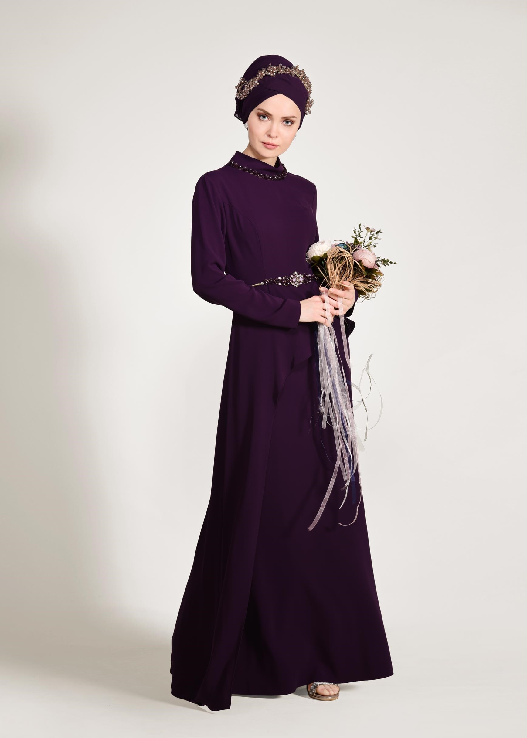Tesettür giyim MOR BEL AKSESUARLI ABİYE ELBİSE 5501
