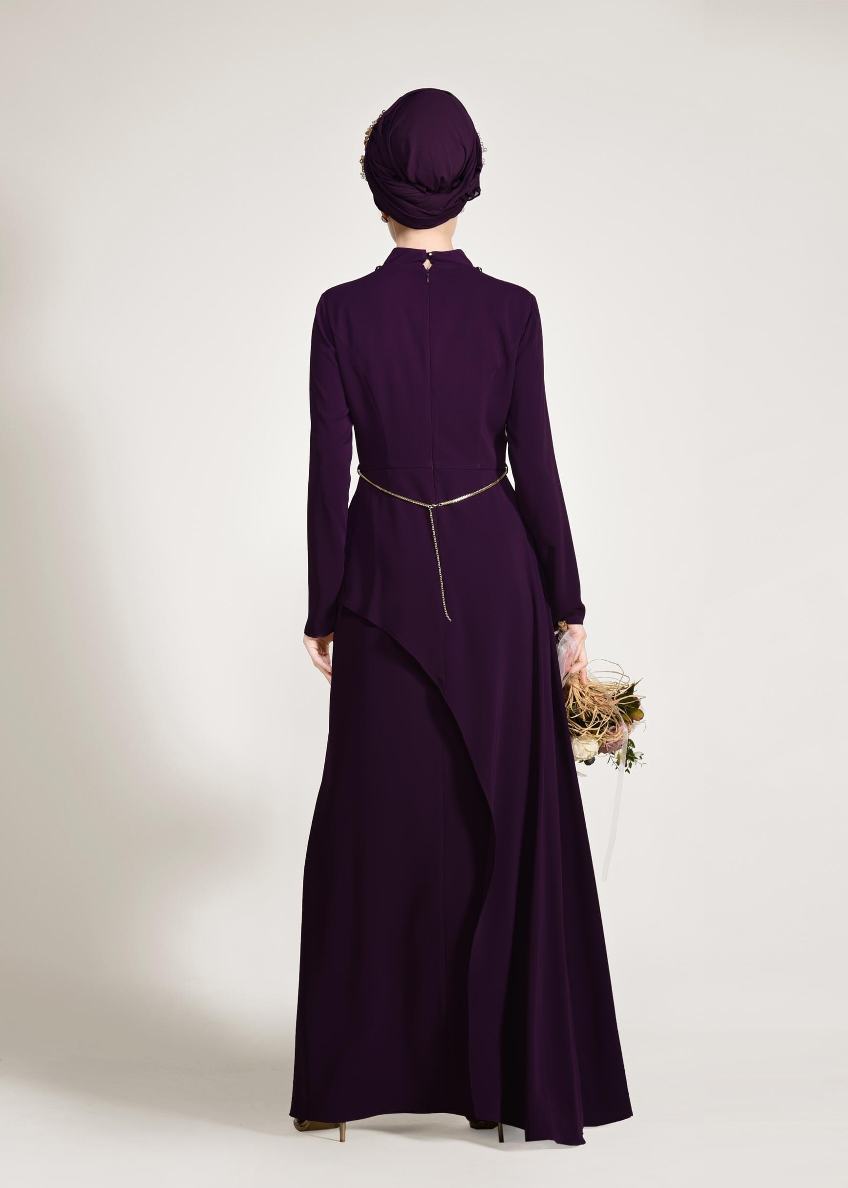 Tesettür giyim MOR BEL AKSESUARLI ABİYE ELBİSE 5501