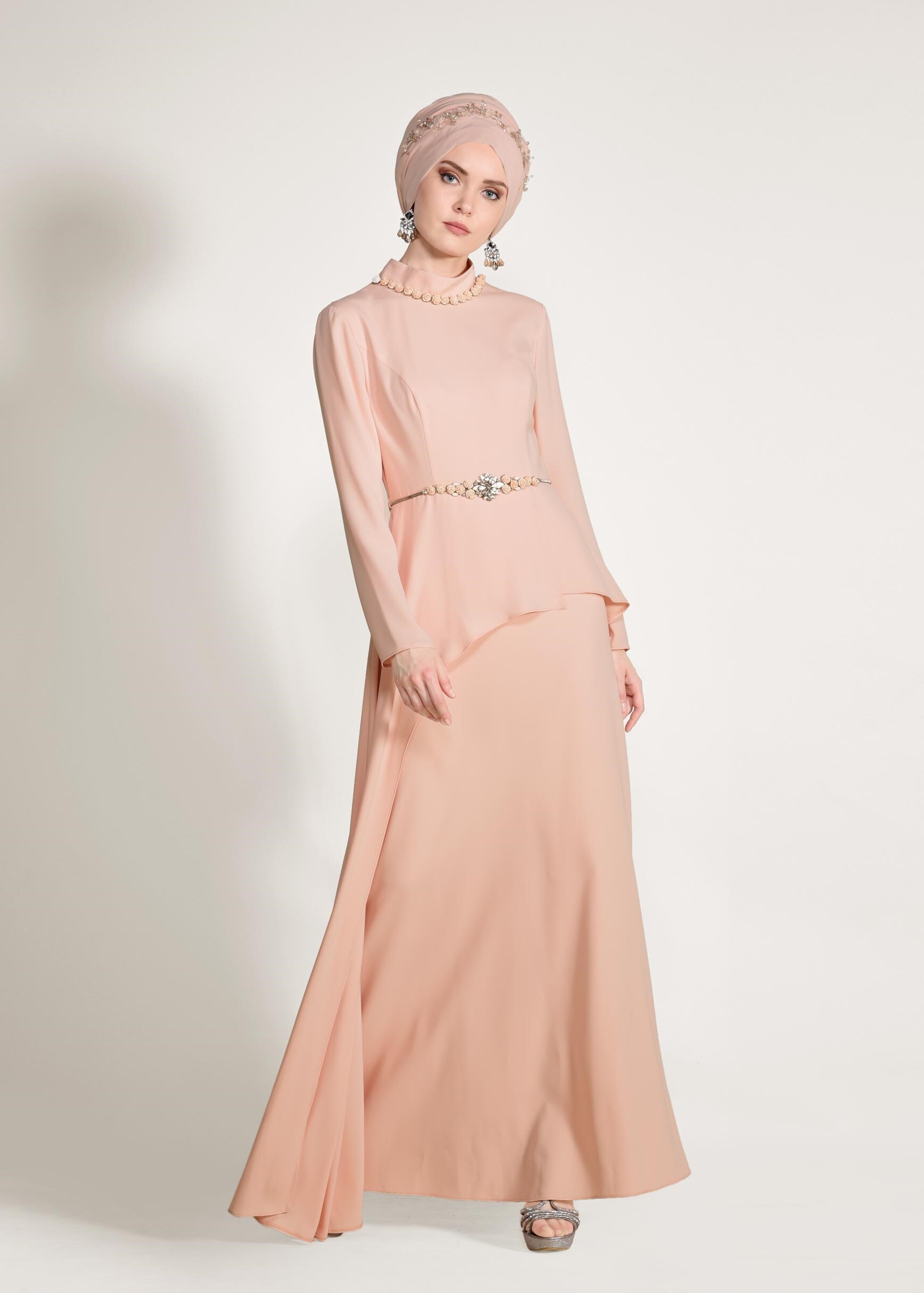 Tesettür giyim PUDRA BEL AKSESUARLI ABİYE ELBİSE 5501