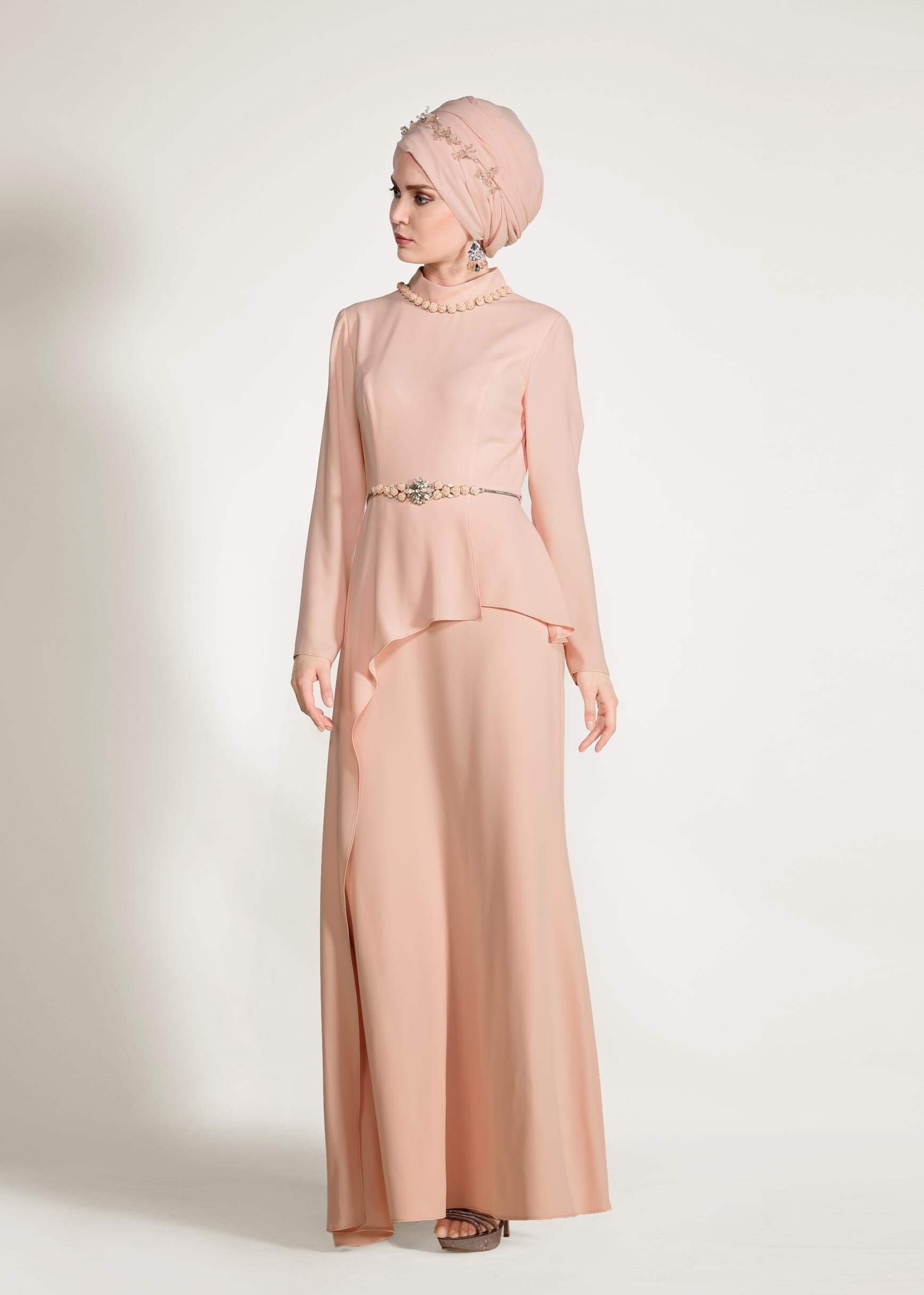 Tesettür giyim PUDRA BEL AKSESUARLI ABİYE ELBİSE 5501
