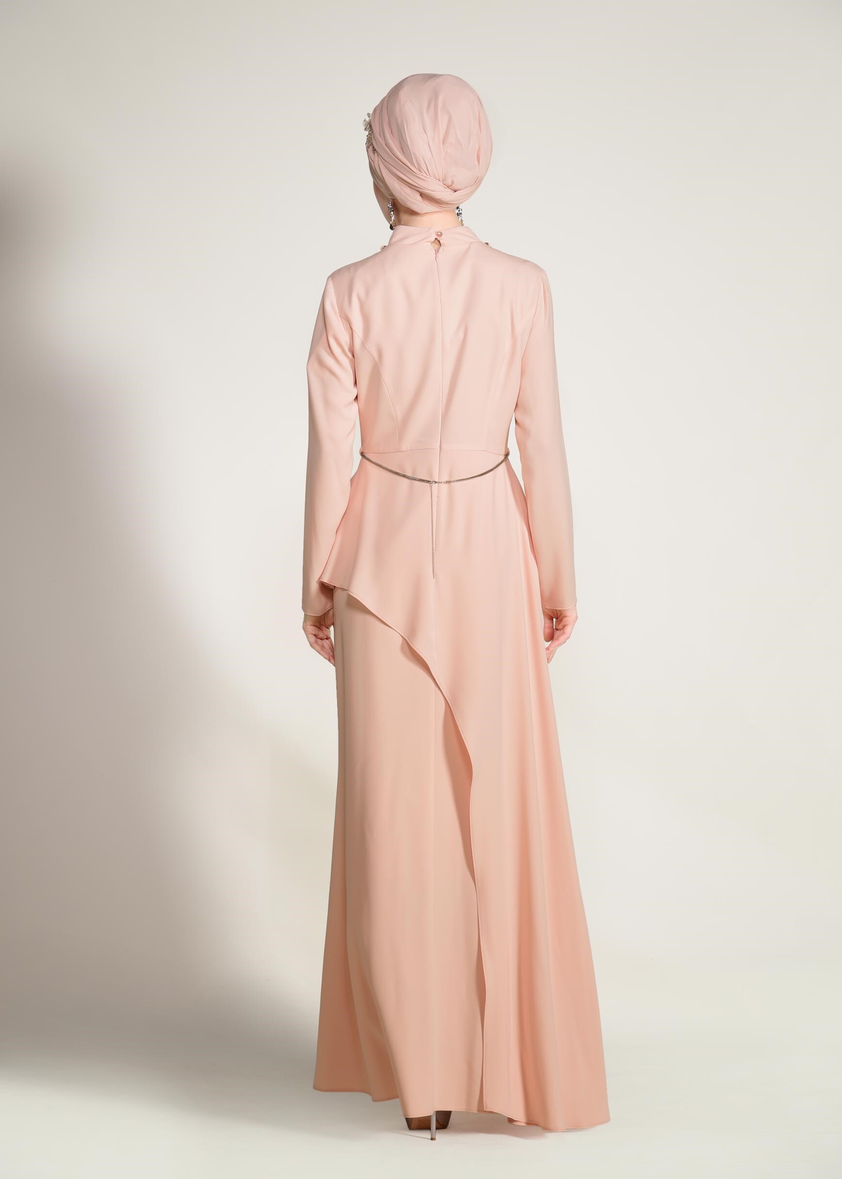Tesettür giyim PUDRA BEL AKSESUARLI ABİYE ELBİSE 5501