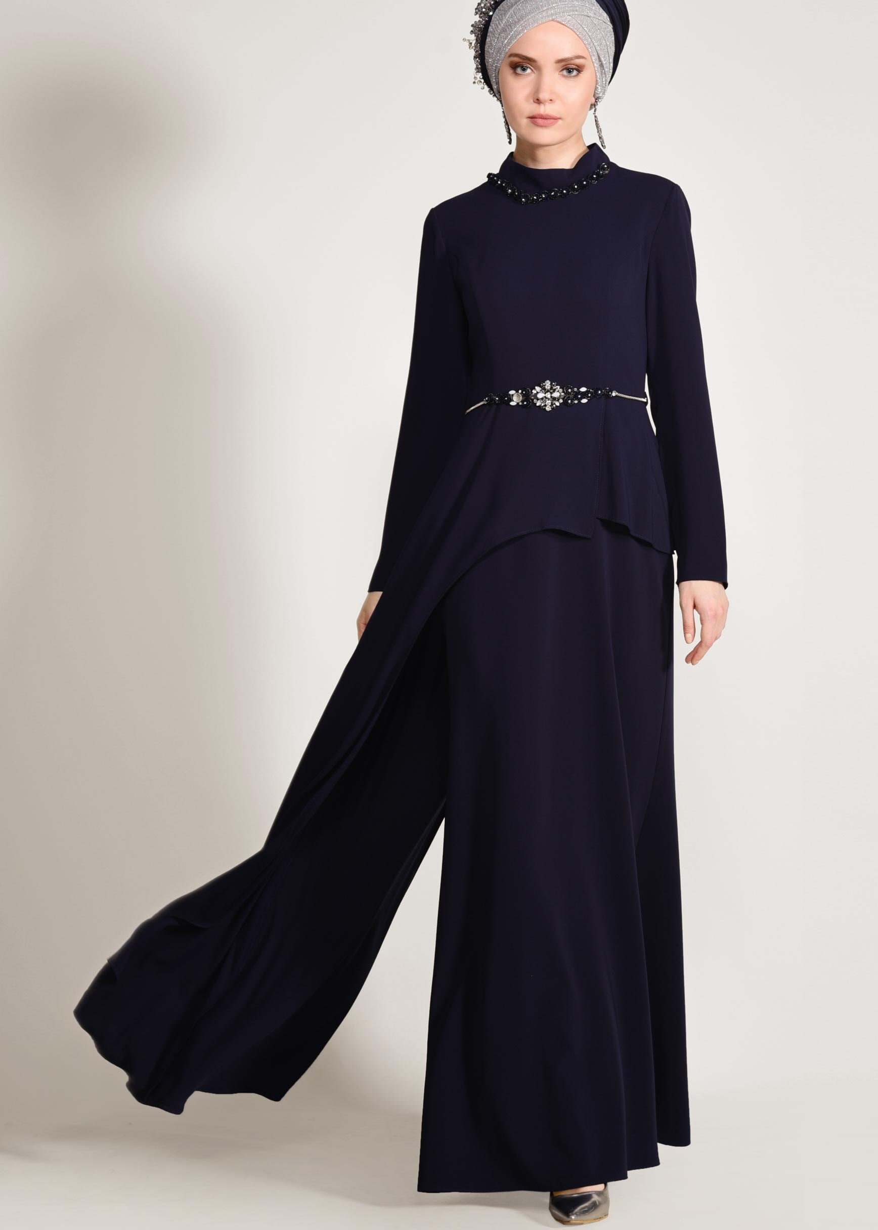 Tesettür giyim LACİVERT BEL AKSESUARLI ABİYE ELBİSE 5501