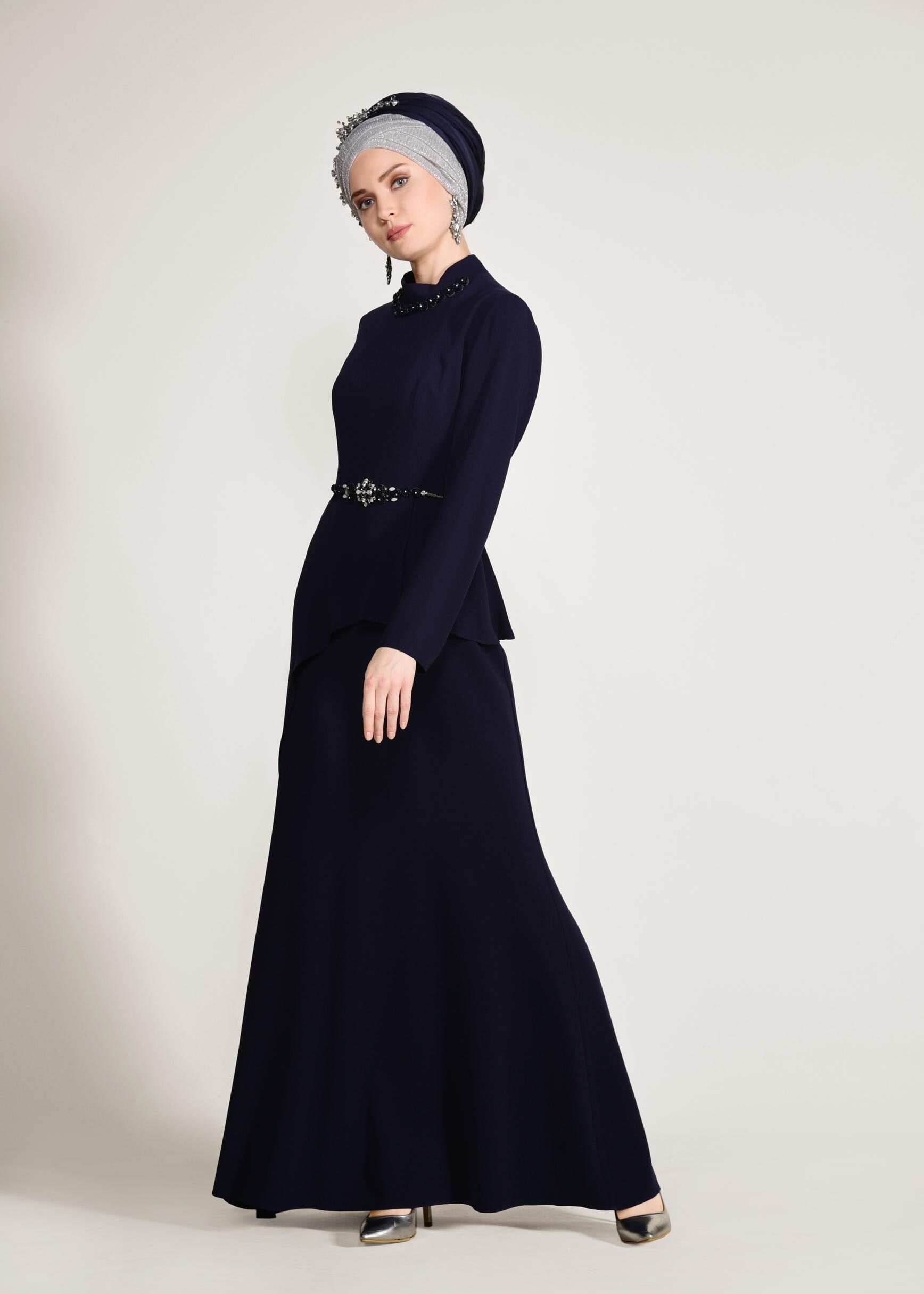 Tesettür giyim LACİVERT BEL AKSESUARLI ABİYE ELBİSE 5501