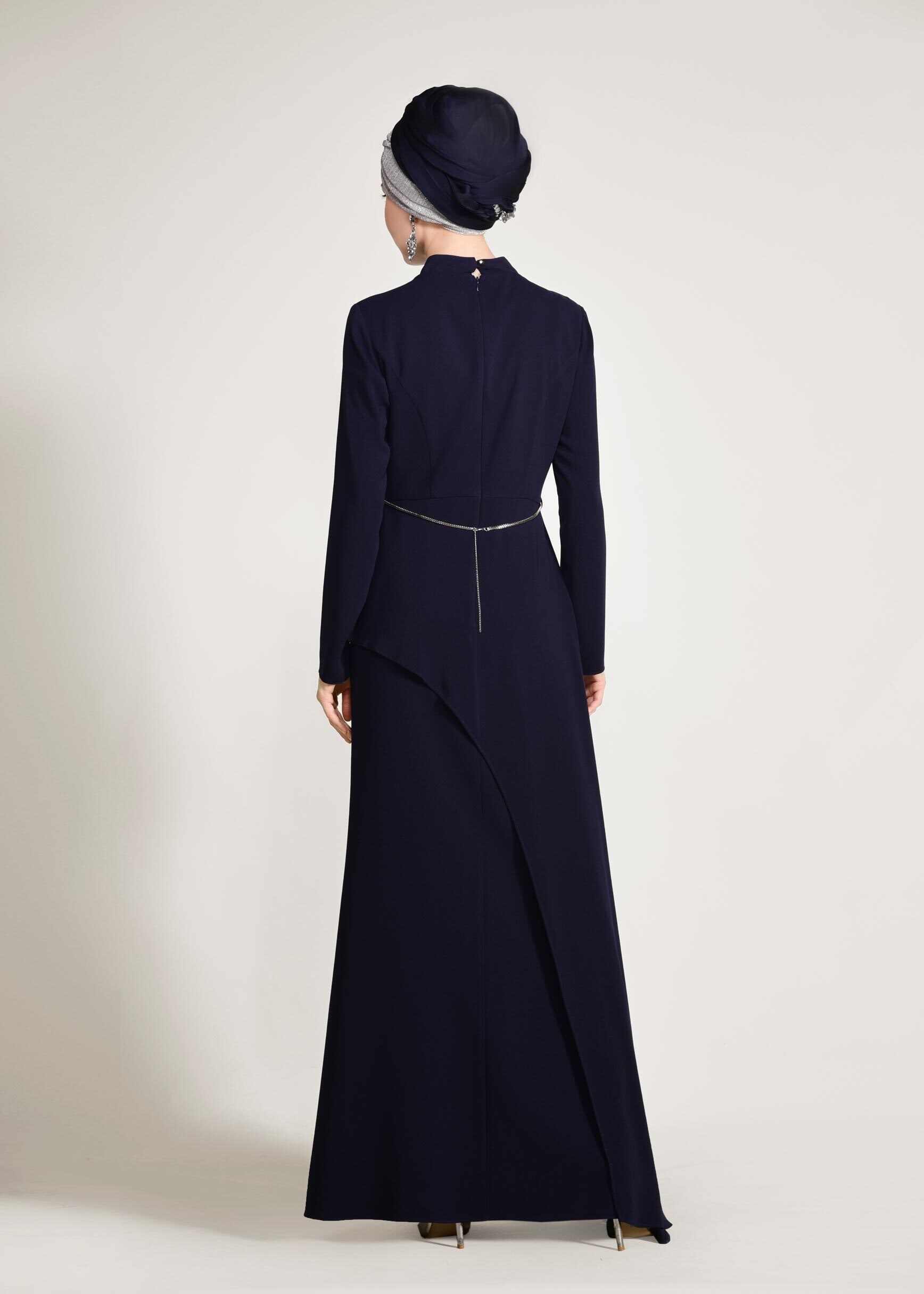 Tesettür giyim LACİVERT BEL AKSESUARLI ABİYE ELBİSE 5501