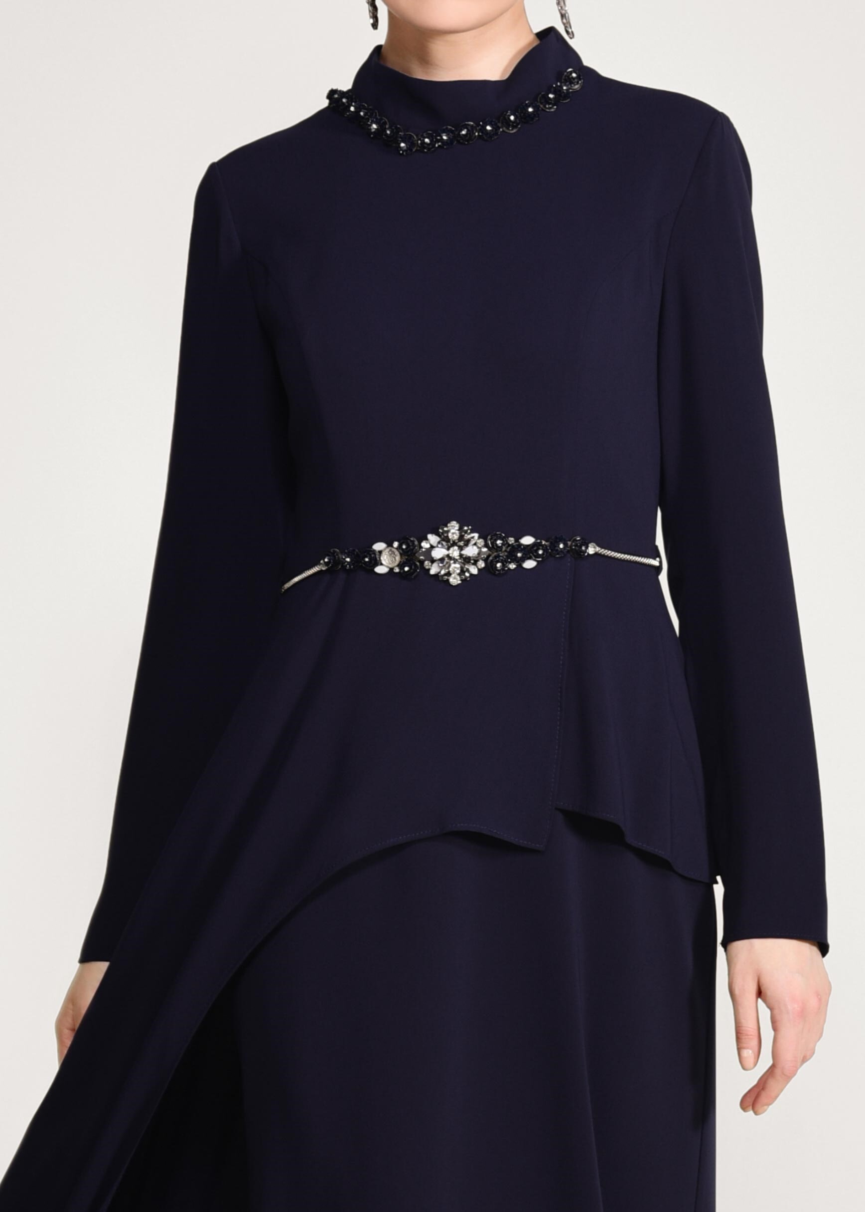 Tesettür giyim LACİVERT BEL AKSESUARLI ABİYE ELBİSE 5501