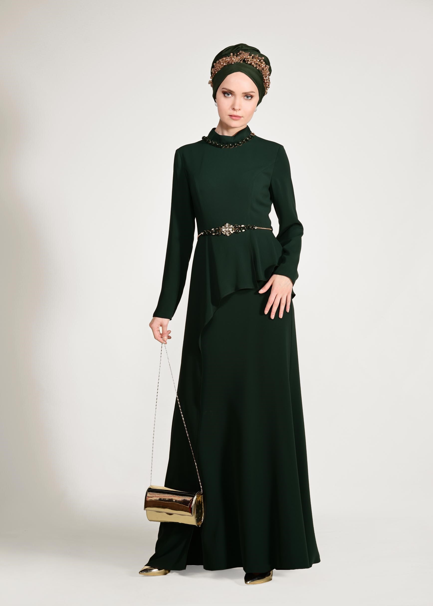 Tesettür giyim YEŞİL BEL AKSESUARLI ABİYE ELBİSE 5501