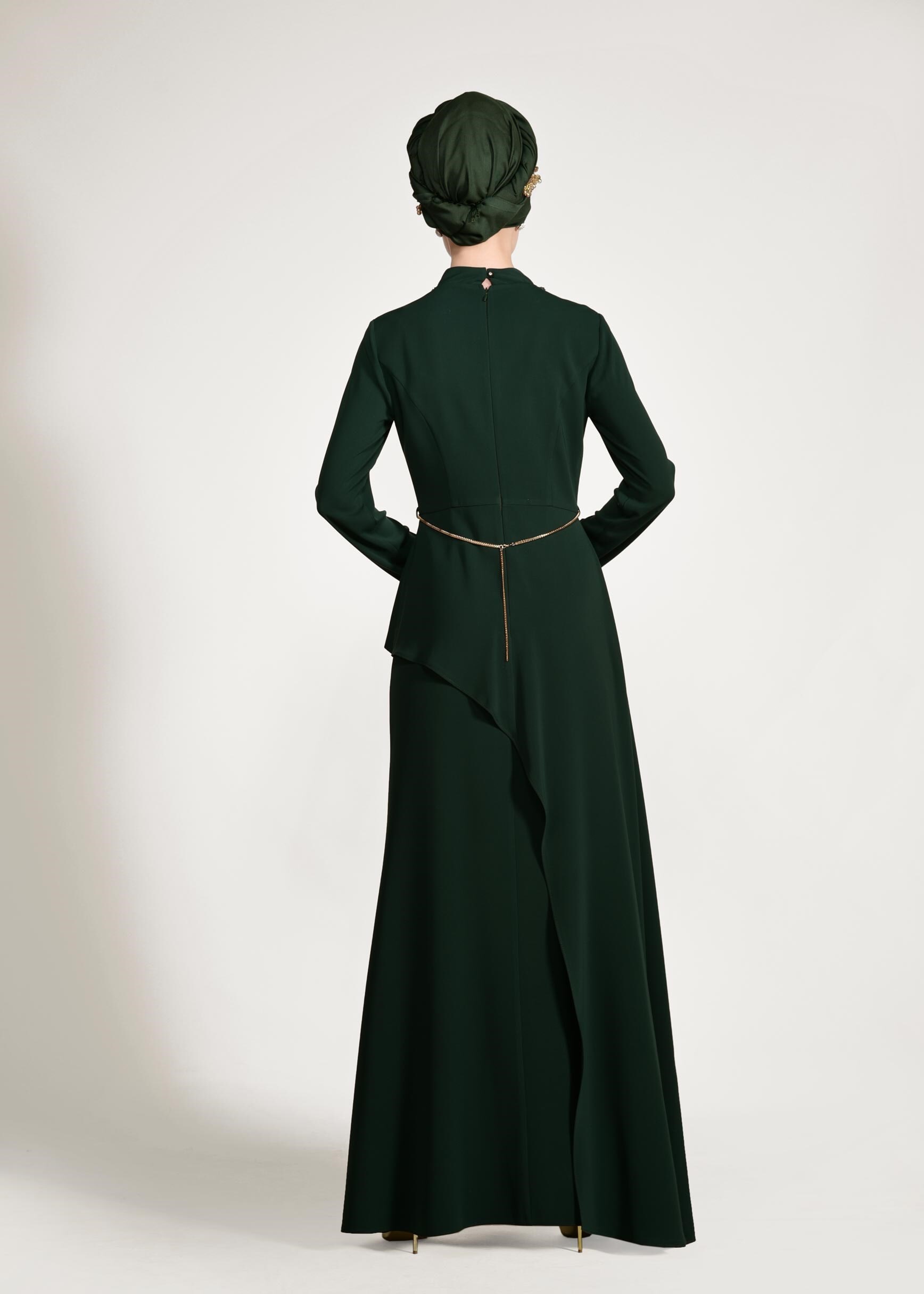 Tesettür giyim YEŞİL BEL AKSESUARLI ABİYE ELBİSE 5501