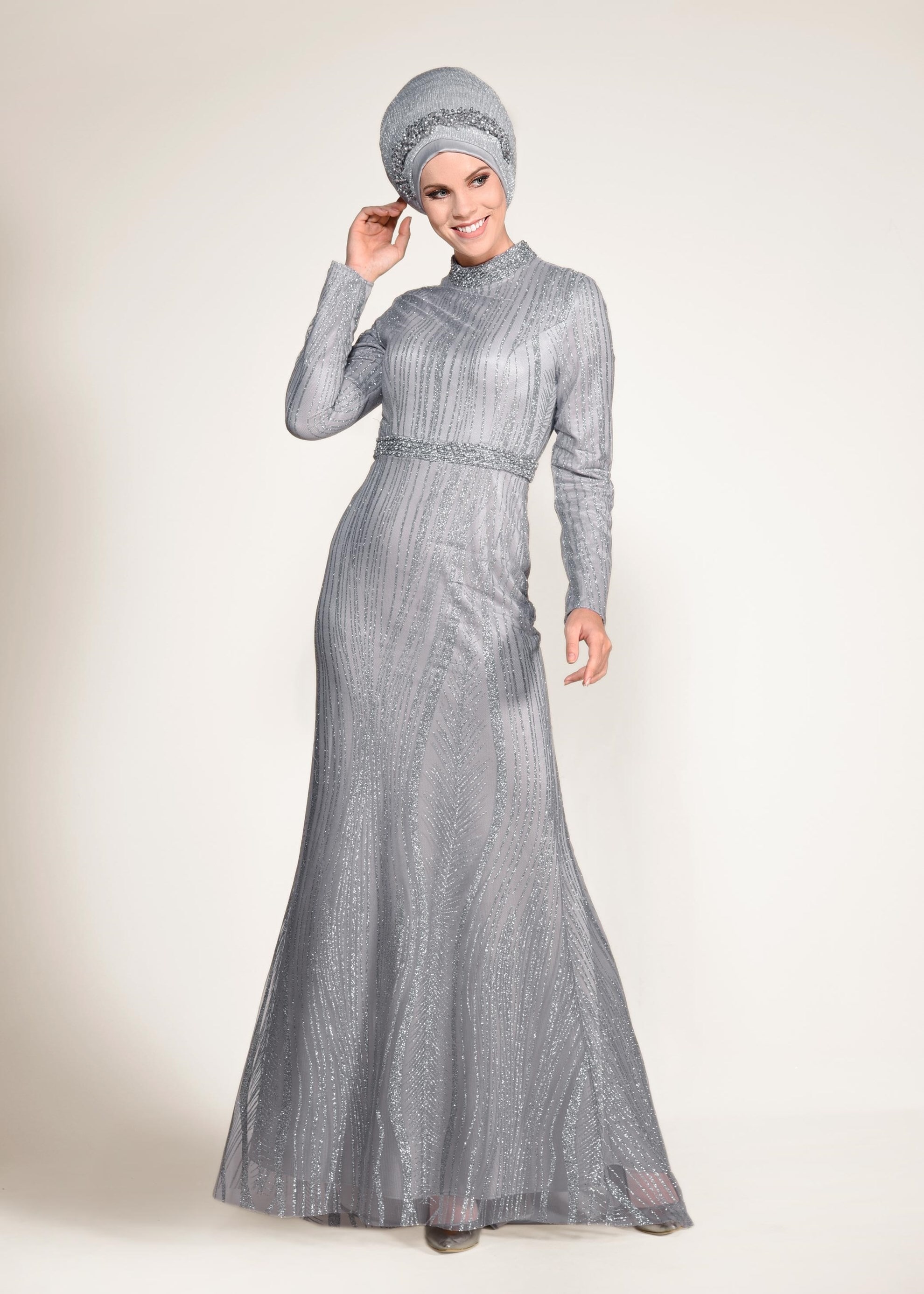 Tesettür giyim GRİ SİM VE TAŞLI BALIK ABİYE ELBİSE 5503