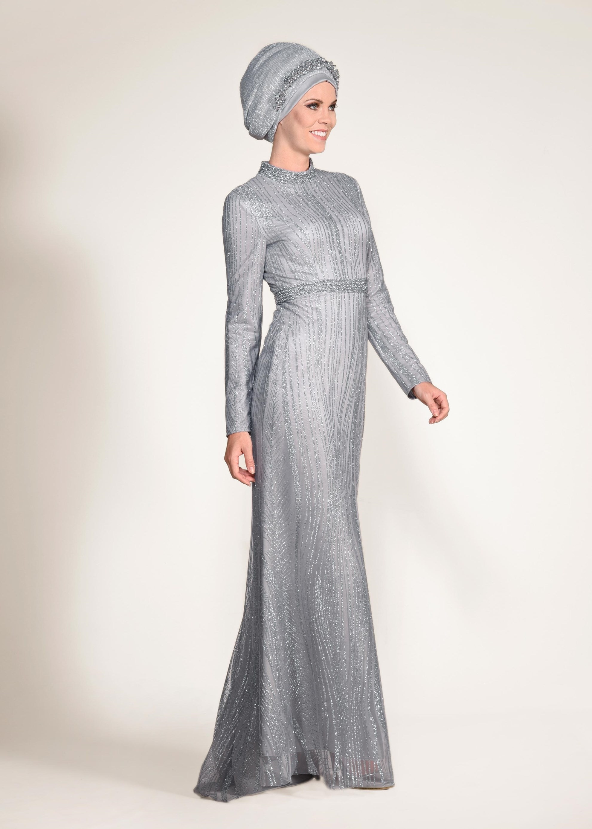 Tesettür giyim GRİ SİM VE TAŞLI BALIK ABİYE ELBİSE 5503