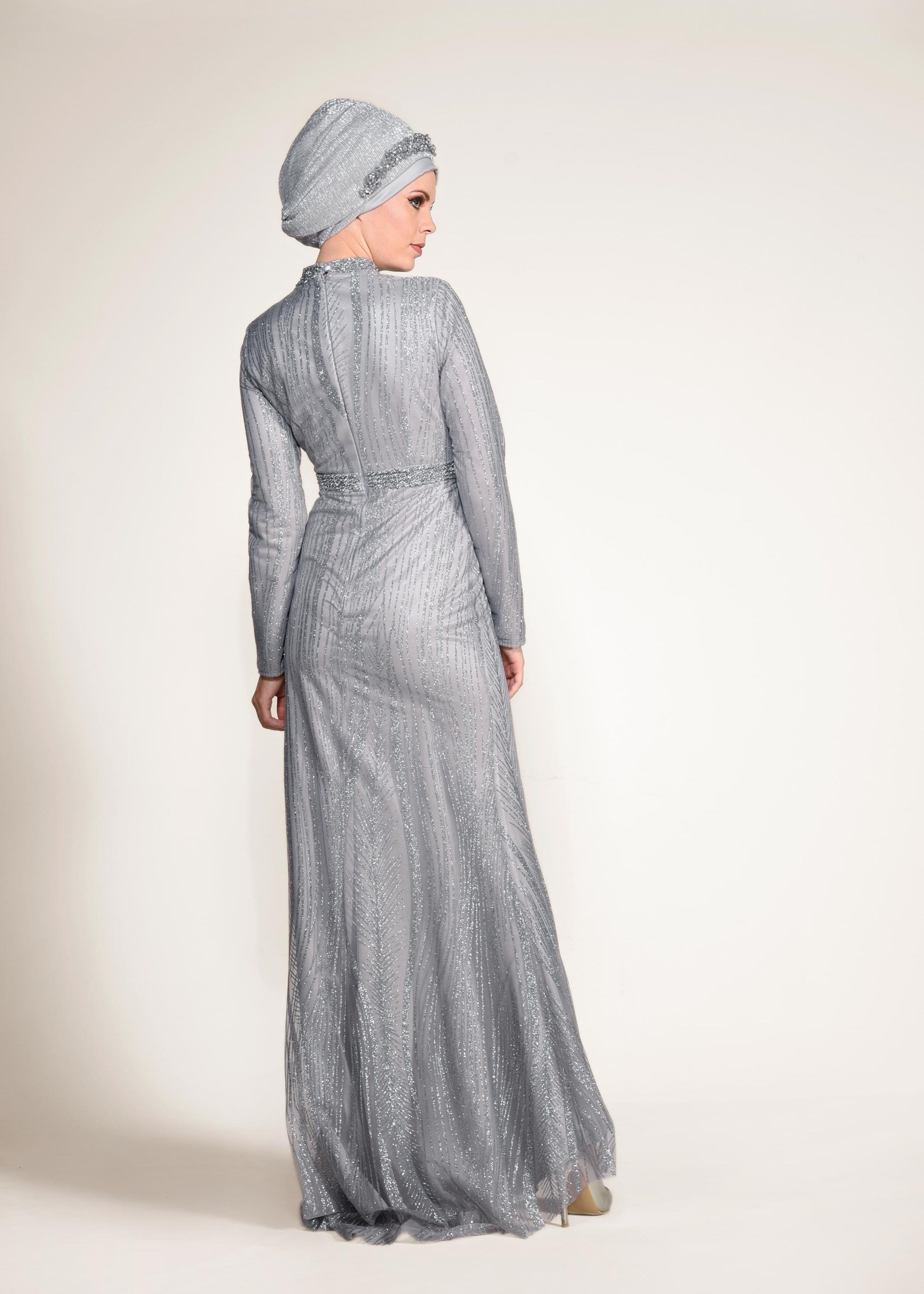 Tesettür giyim GRİ SİM VE TAŞLI BALIK ABİYE ELBİSE 5503