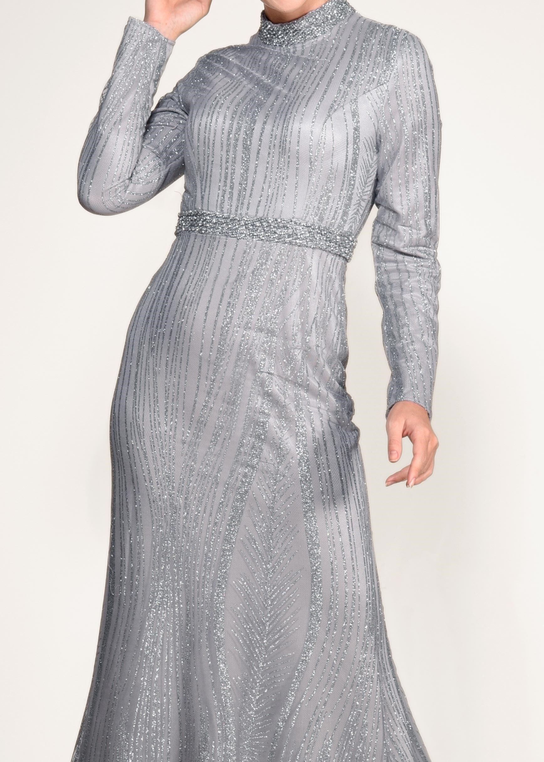 Tesettür giyim GRİ SİM VE TAŞLI BALIK ABİYE ELBİSE 5503