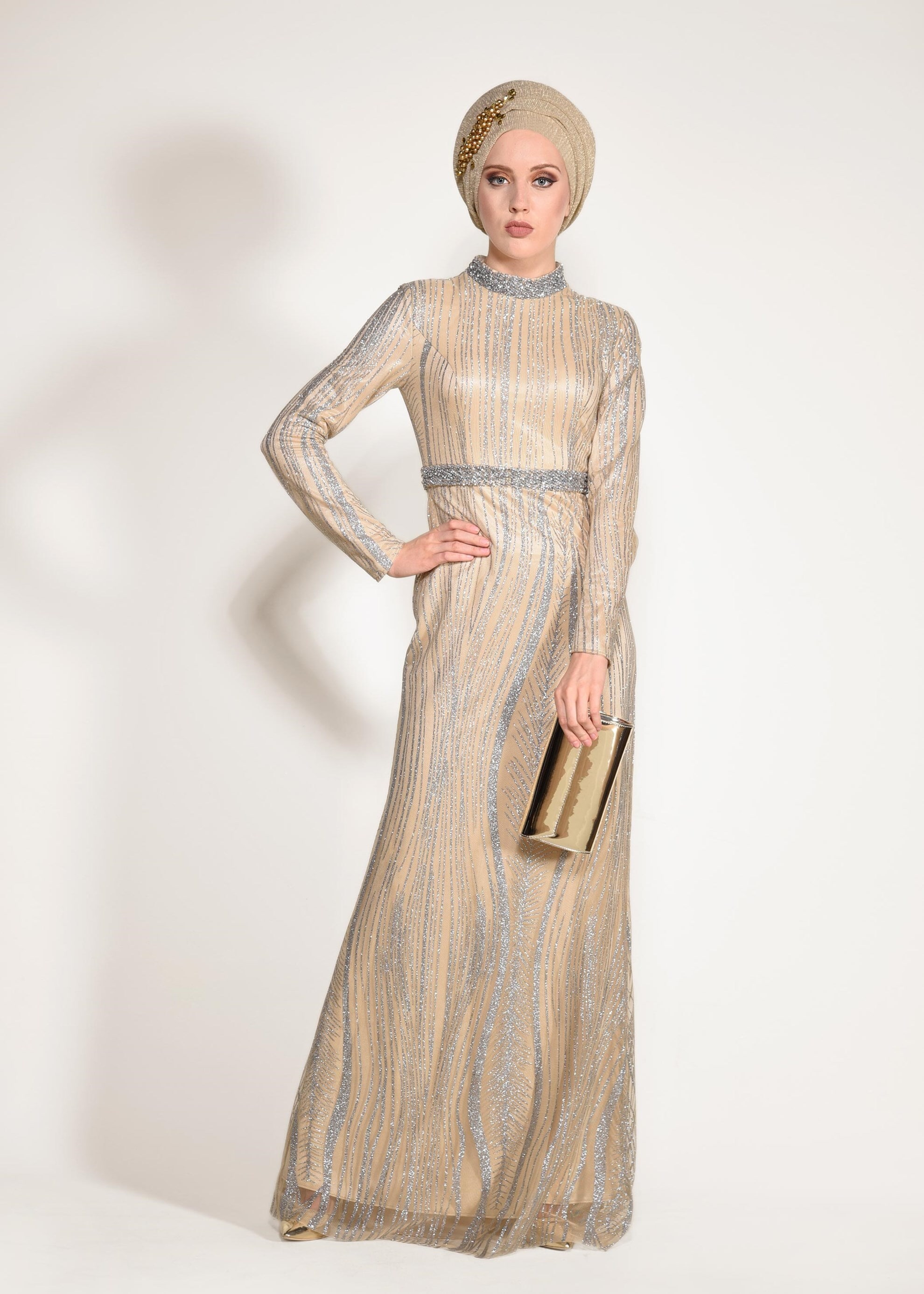 Tesettür giyim ALTIN SİM VE TAŞLI BALIK ABİYE ELBİSE 5503