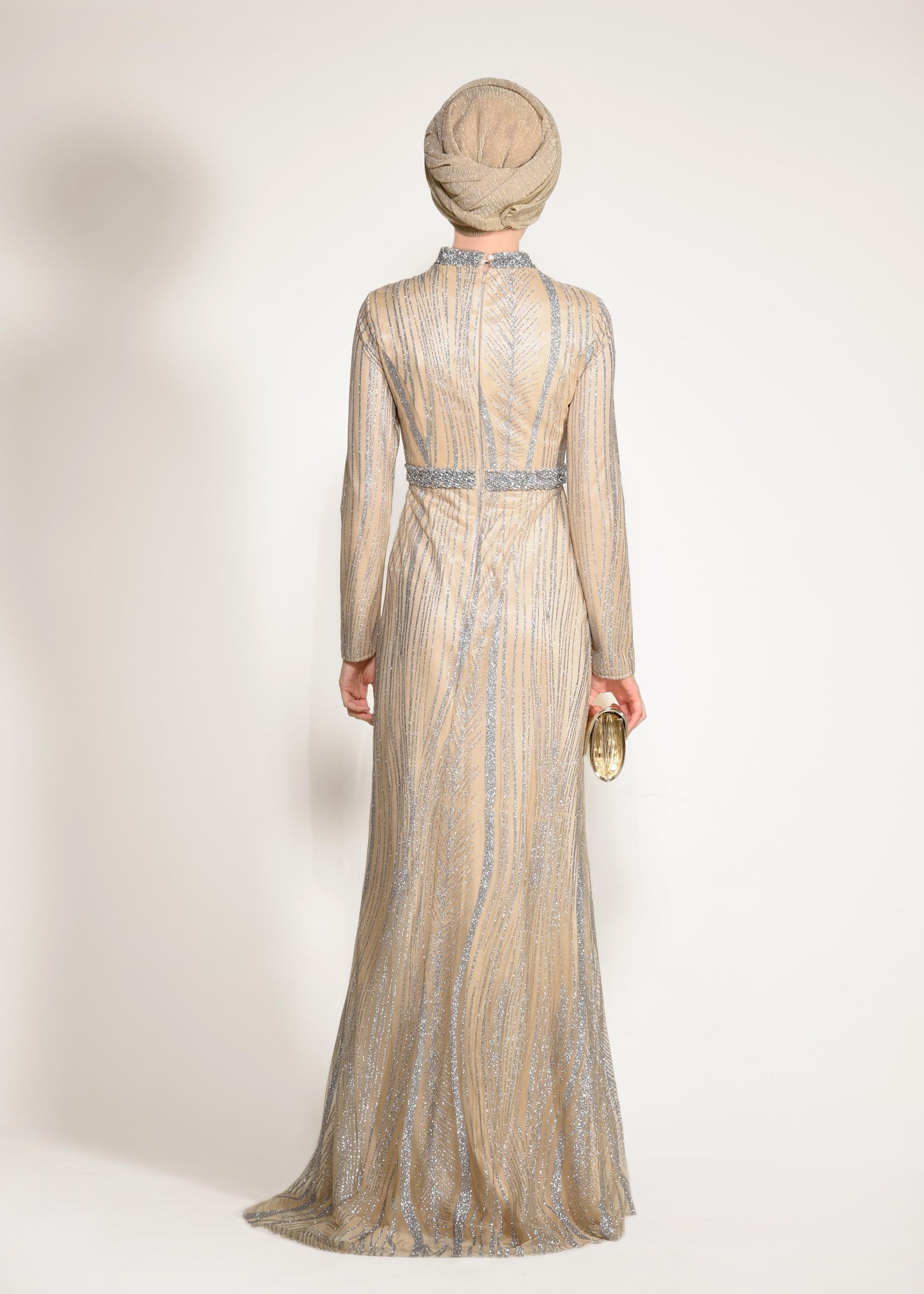 Tesettür giyim ALTIN SİM VE TAŞLI BALIK ABİYE ELBİSE 5503