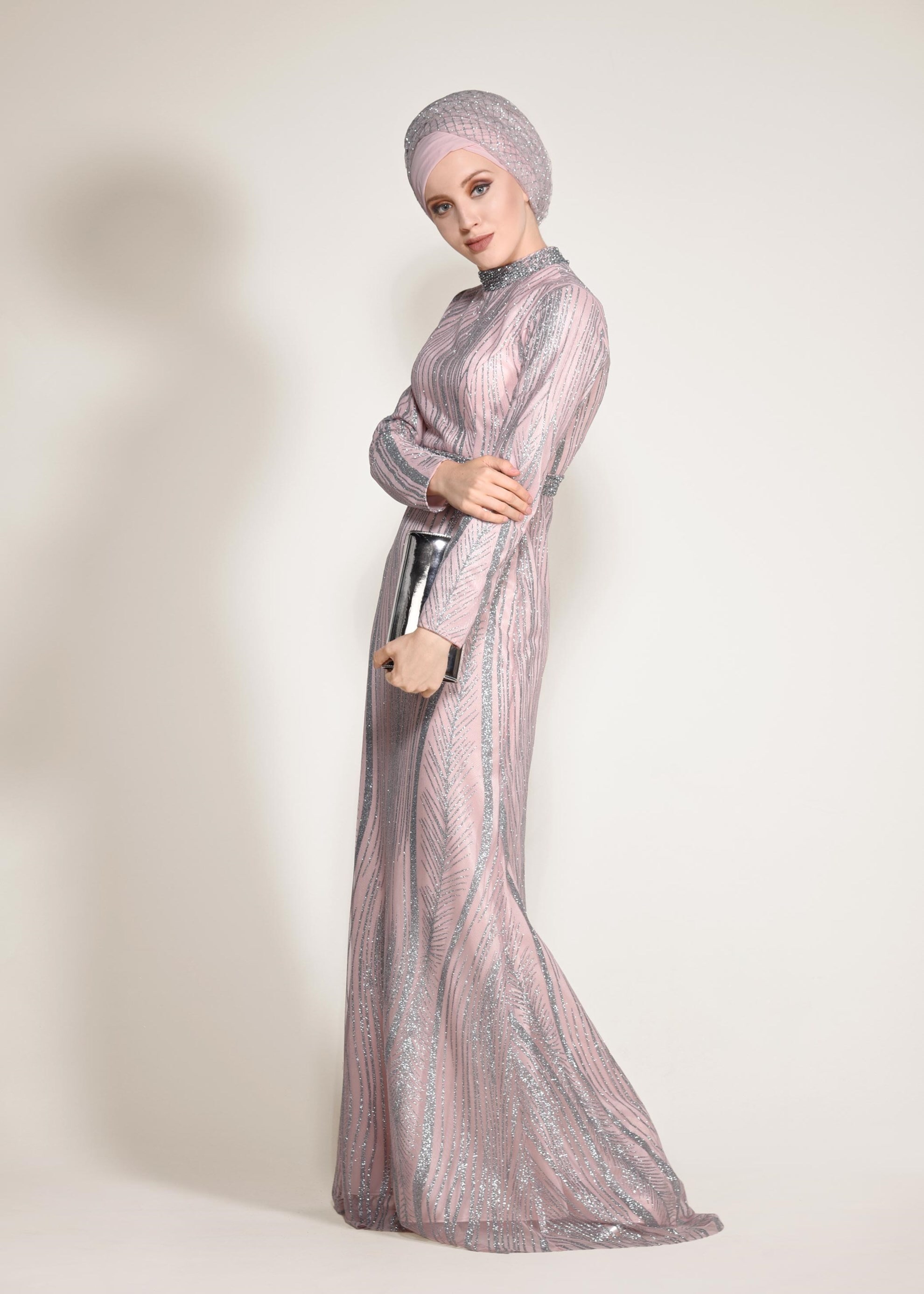 Tesettür giyim PUDRA SİM VE TAŞLI BALIK ABİYE ELBİSE 5503