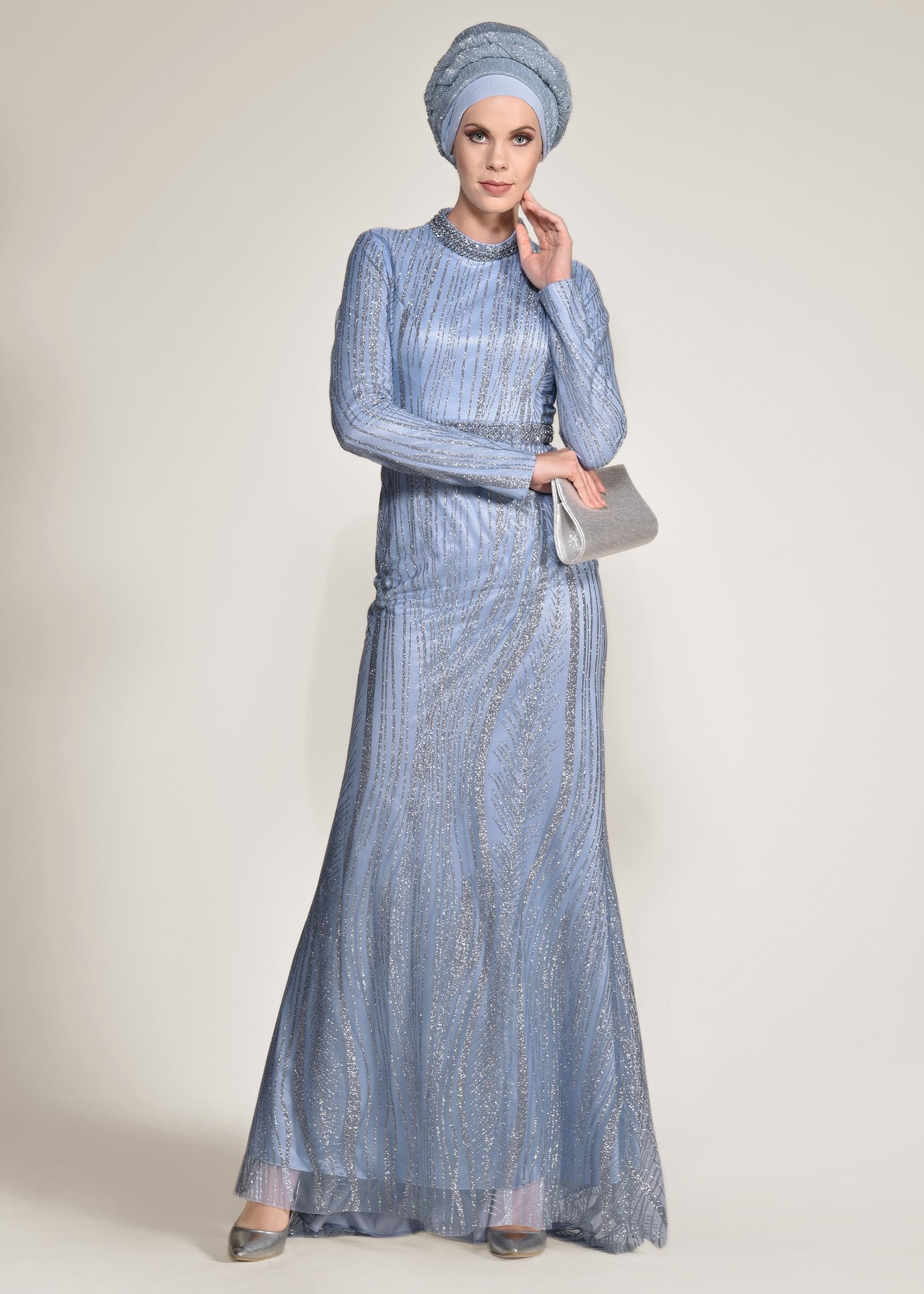 Tesettür giyim MAVİ SİM VE TAŞLI BALIK ABİYE ELBİSE 5503