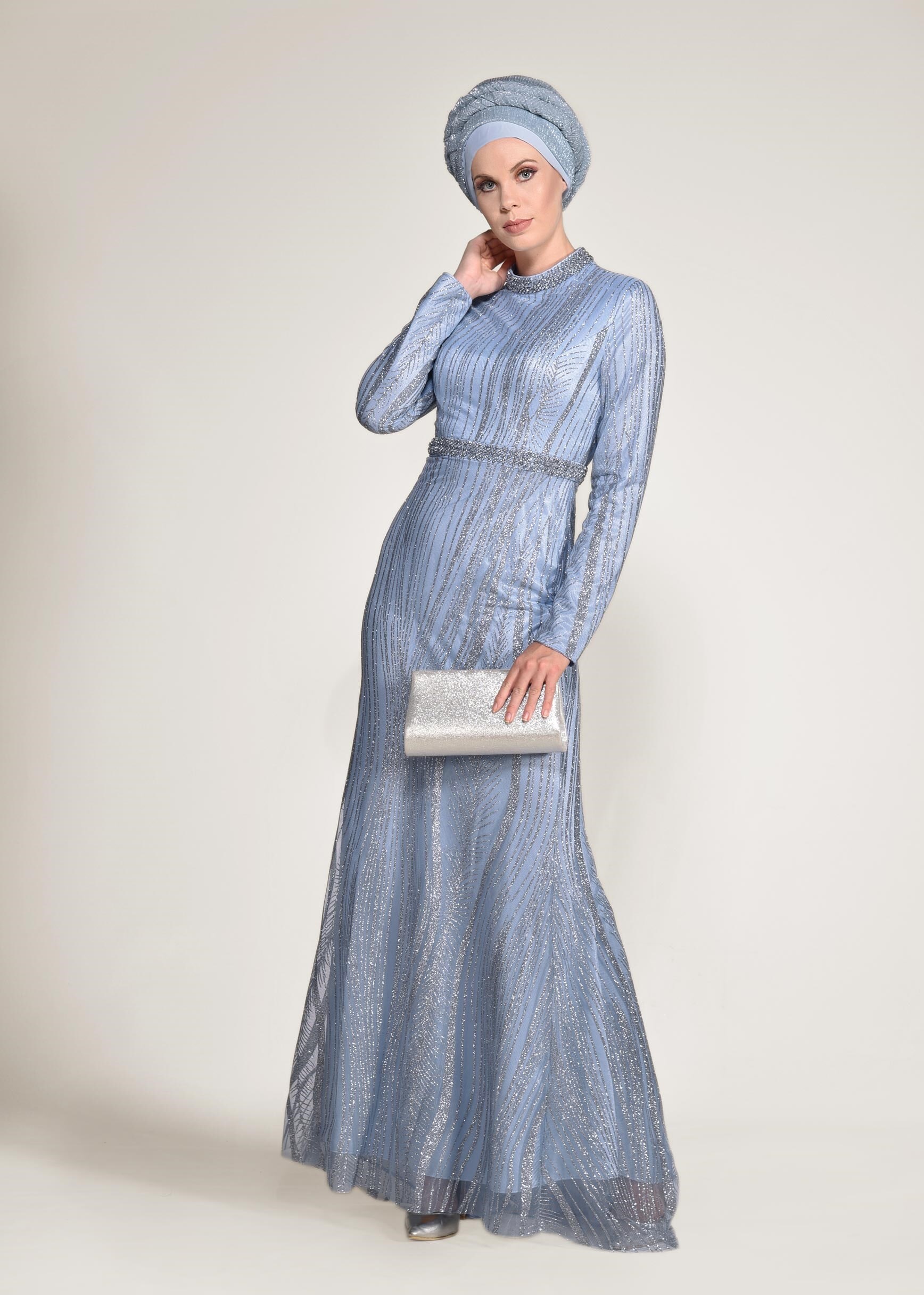 Tesettür giyim MAVİ SİM VE TAŞLI BALIK ABİYE ELBİSE 5503