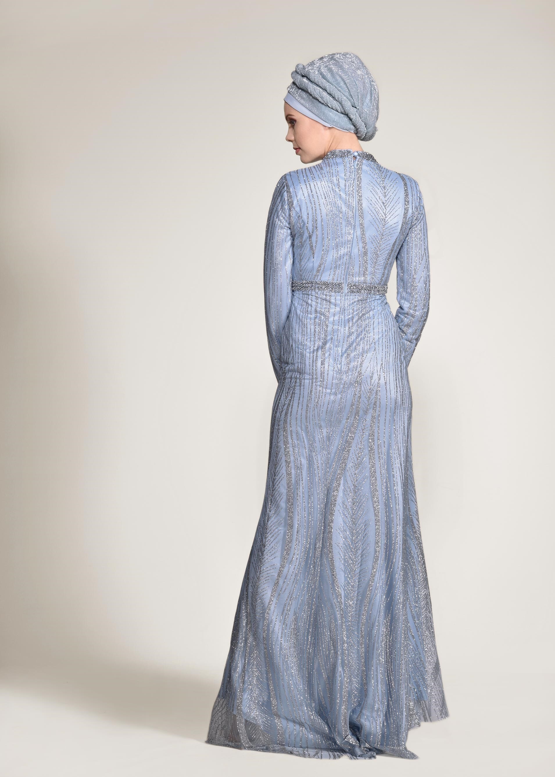 Tesettür giyim MAVİ SİM VE TAŞLI BALIK ABİYE ELBİSE 5503