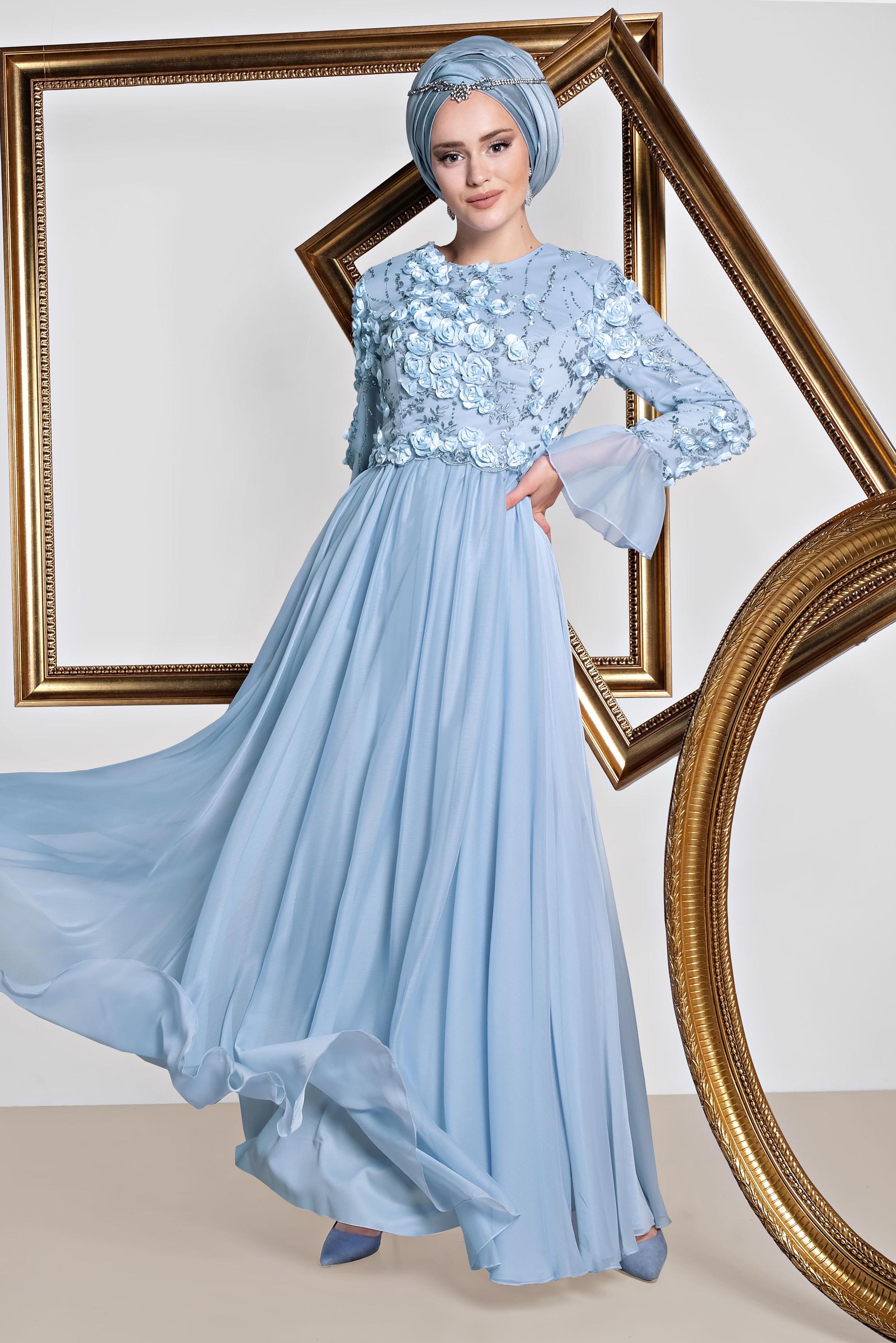 Tesettür giyim MAVİ ÜÇ BOYUTLU ÇİÇEKLİ ŞİFON ABİYE ELBİSE 5505 