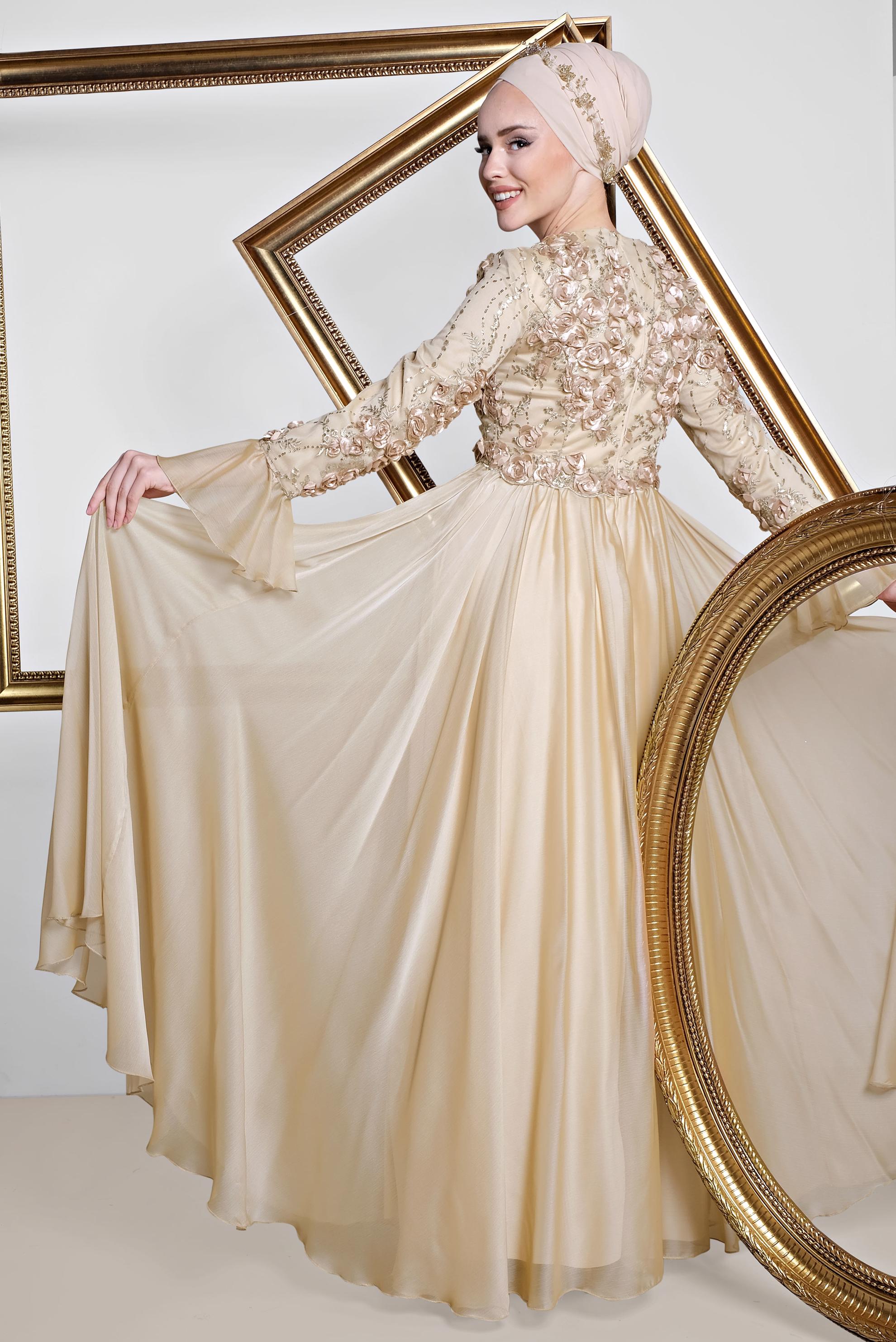 Tesettür giyim PUDRA ÜÇ BOYUTLU ÇİÇEKLİ ŞİFON ABİYE ELBİSE 5505 