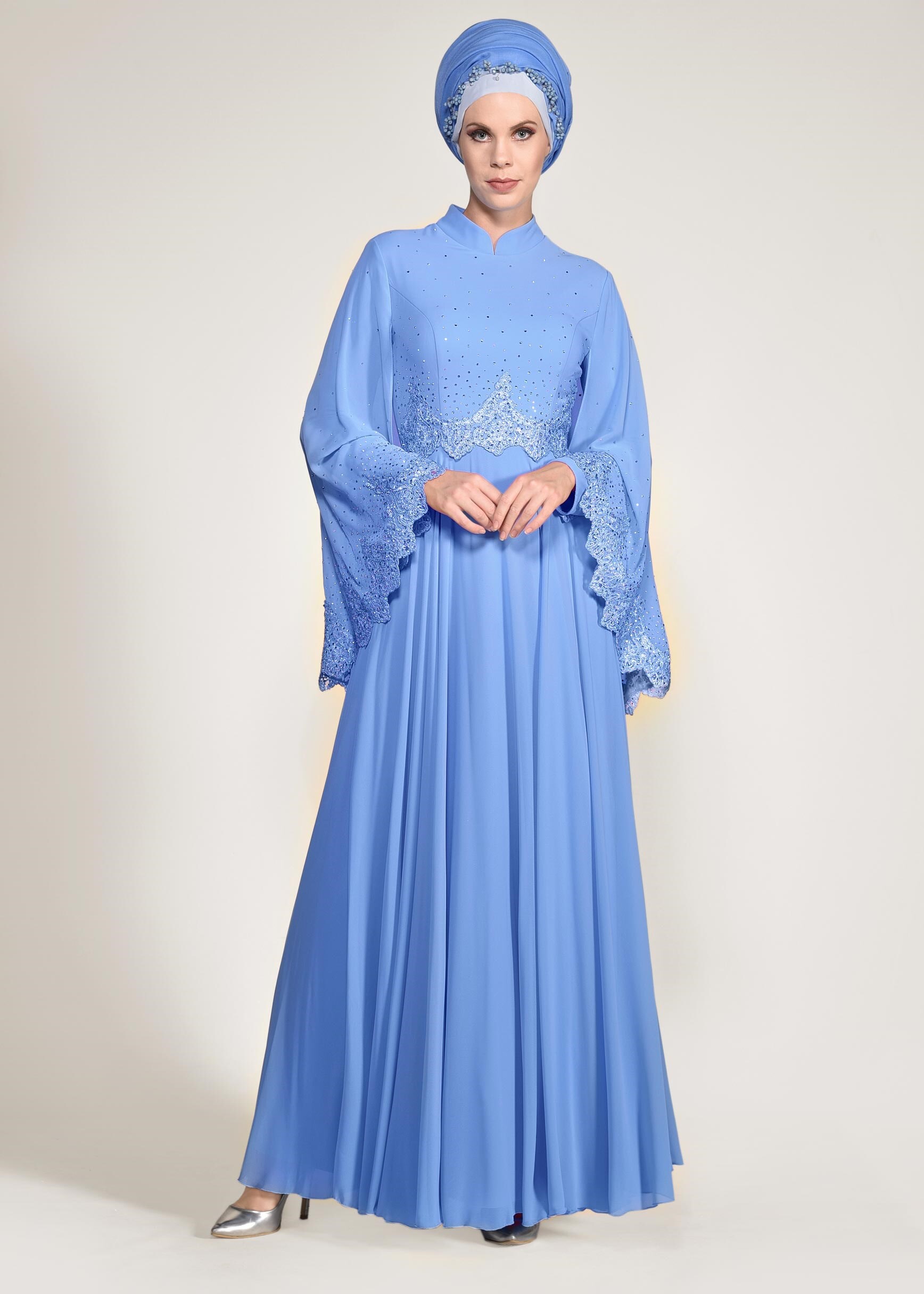 Tesettür giyim MAVİ TAŞLI PELERİNLİ ABİYE ELBİSE 5506