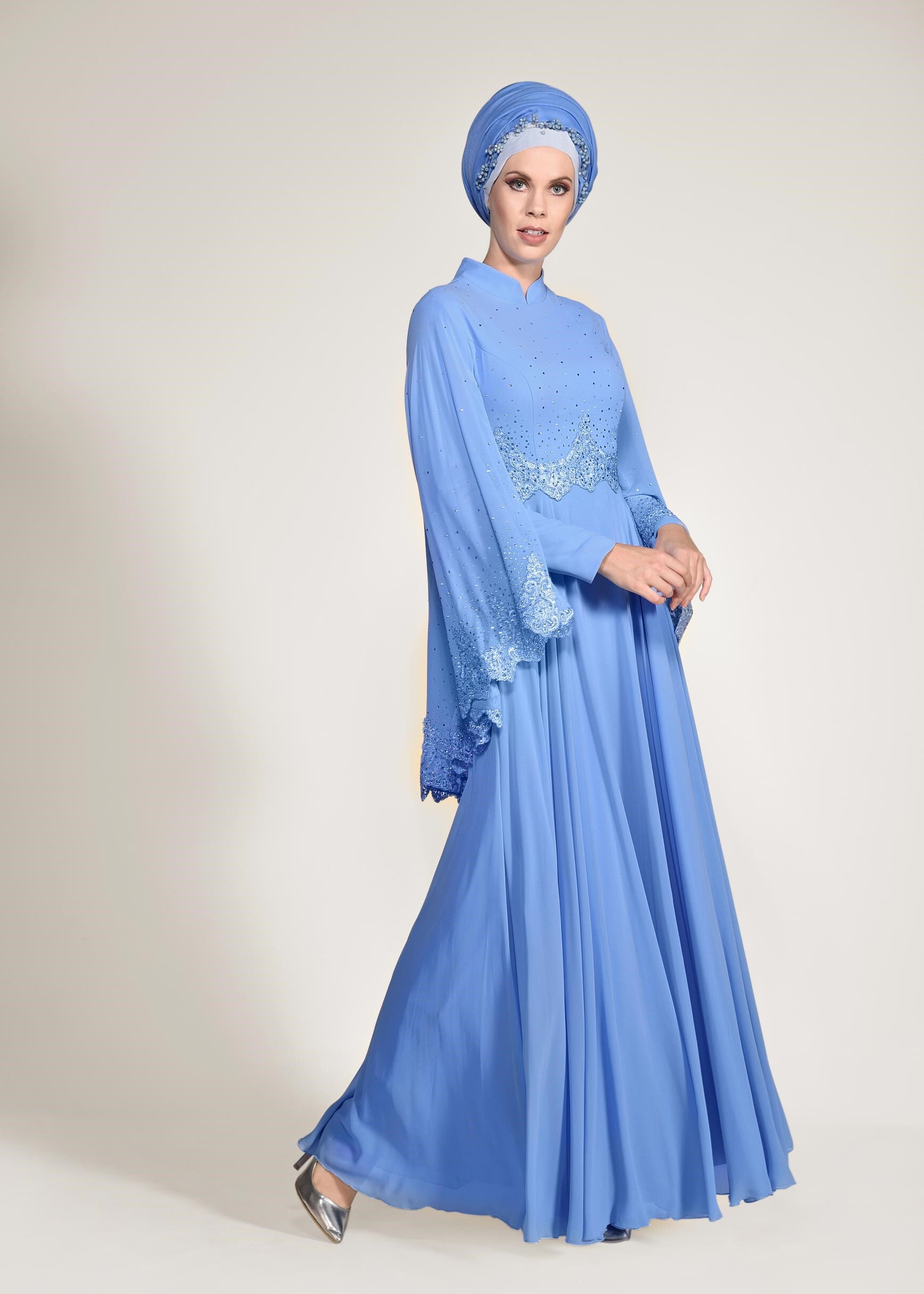 Tesettür giyim MAVİ TAŞLI PELERİNLİ ABİYE ELBİSE 5506