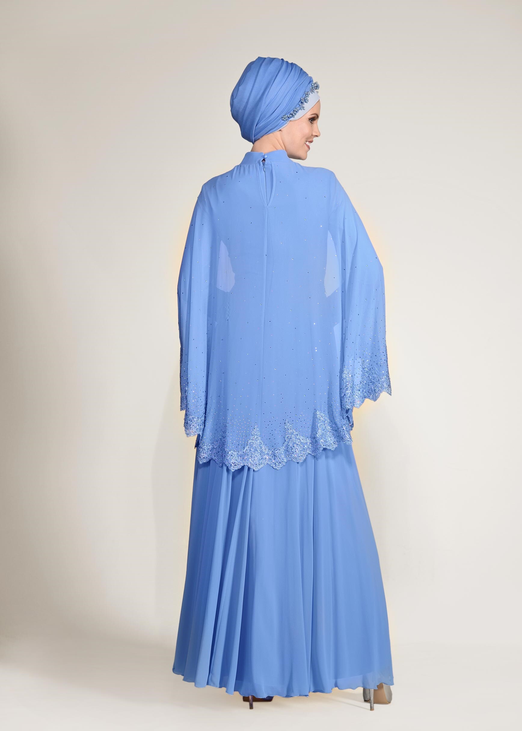 Tesettür giyim MAVİ TAŞLI PELERİNLİ ABİYE ELBİSE 5506