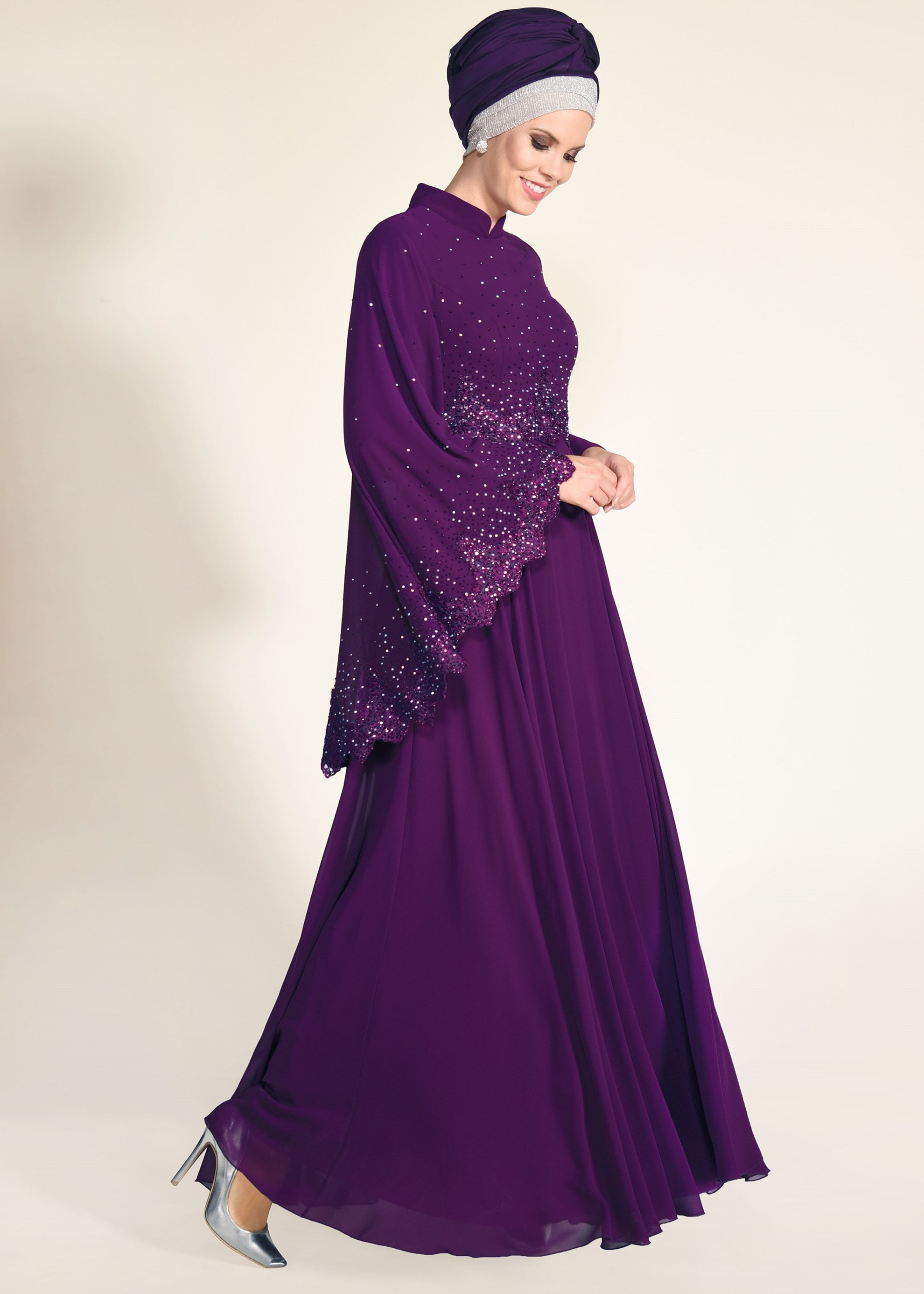 Tesettür giyim MÜRDÜM TAŞLI PELERİNLİ ABİYE ELBİSE 5506