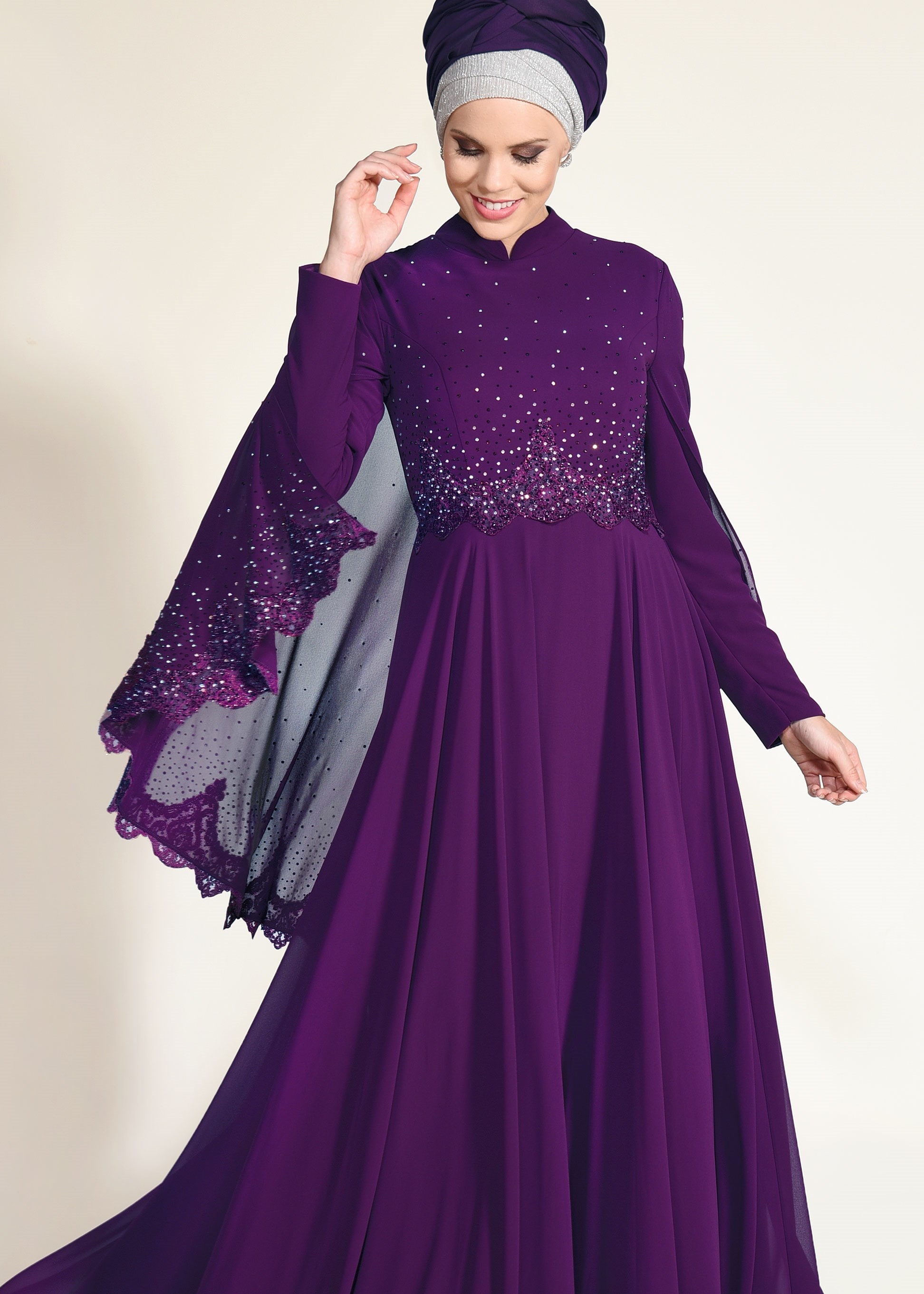 Tesettür giyim MÜRDÜM TAŞLI PELERİNLİ ABİYE ELBİSE 5506