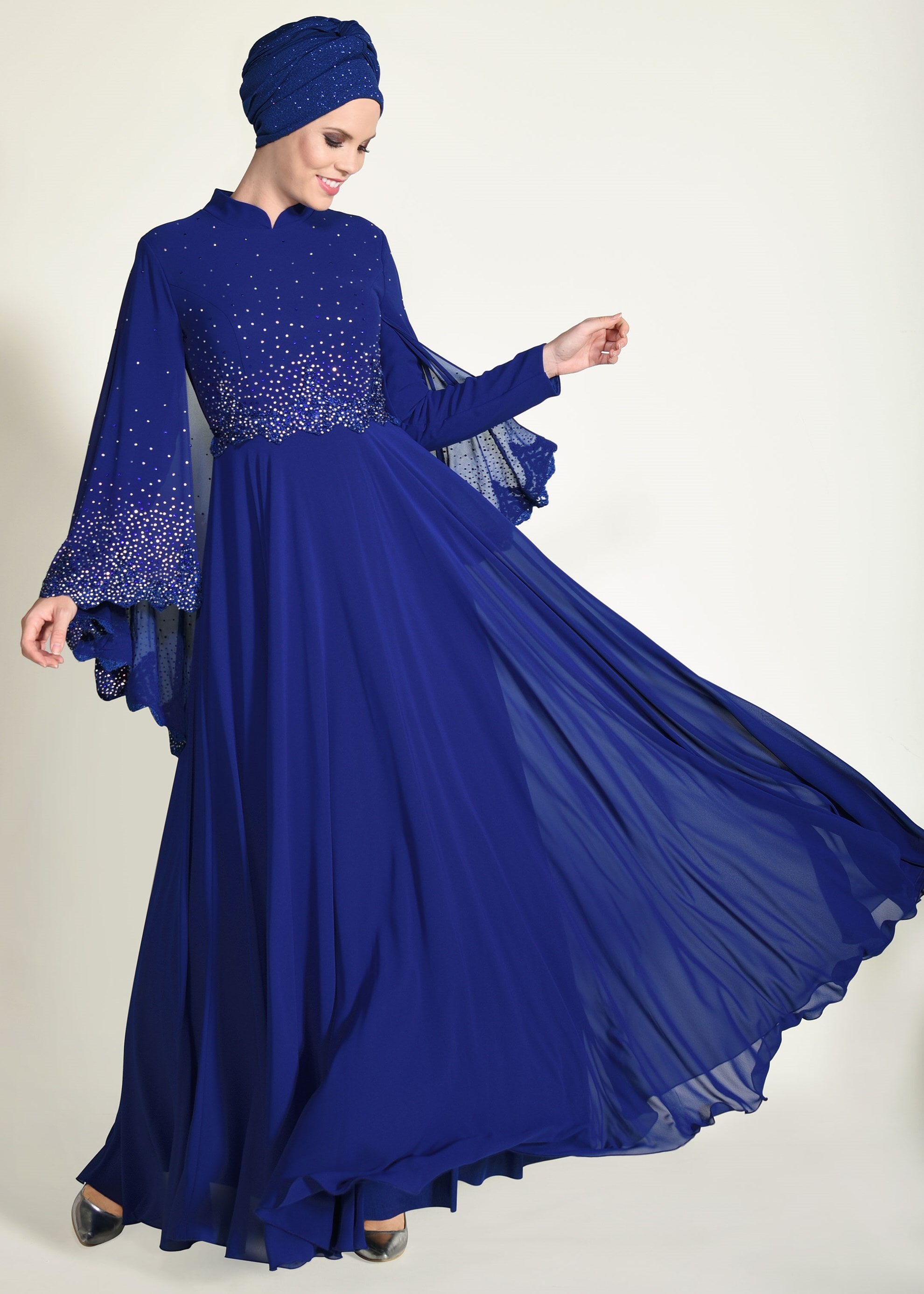 Tesettür giyim MAVİ TAŞLI PELERİNLİ ABİYE ELBİSE 5506