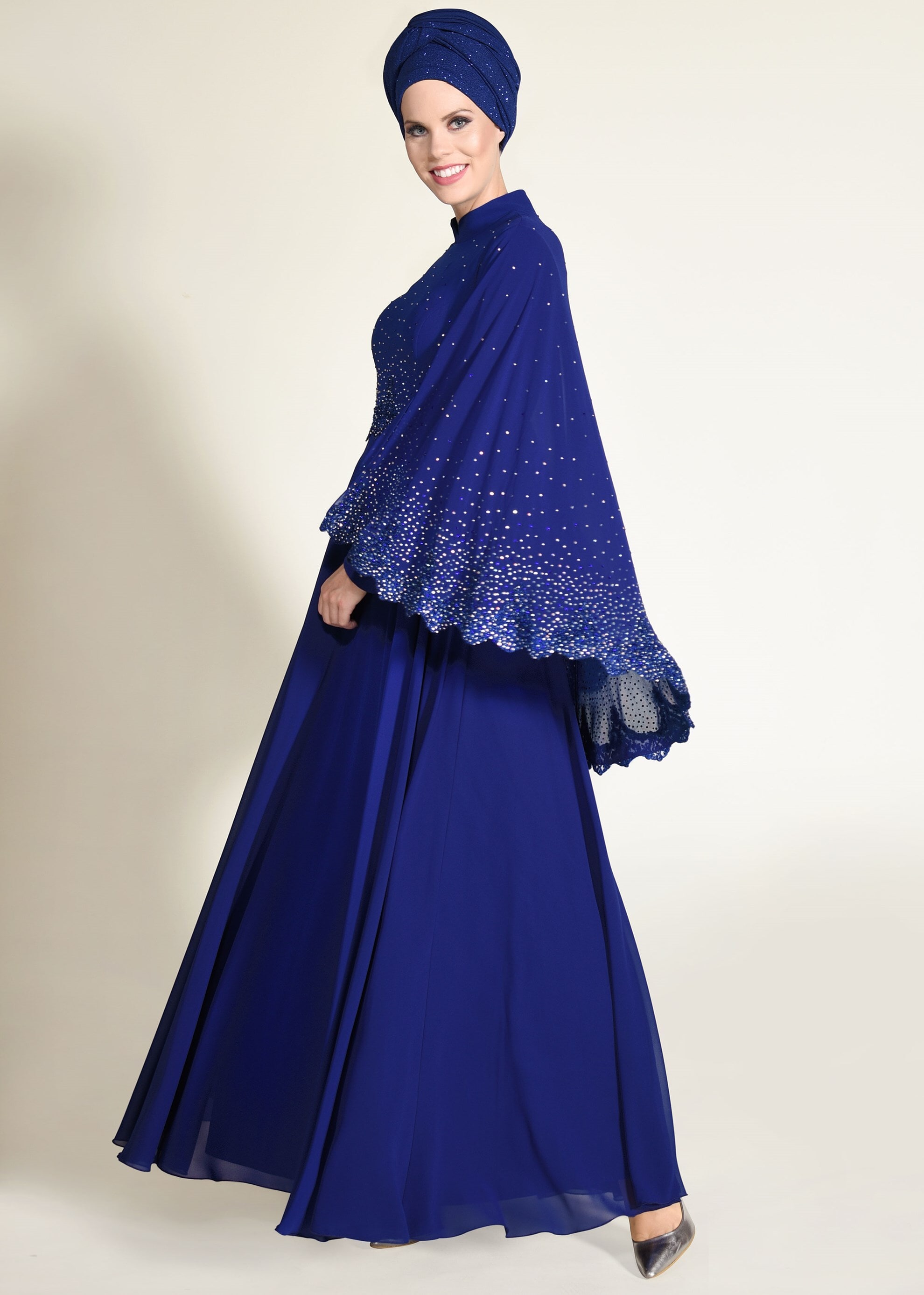 Tesettür giyim MAVİ TAŞLI PELERİNLİ ABİYE ELBİSE 5506