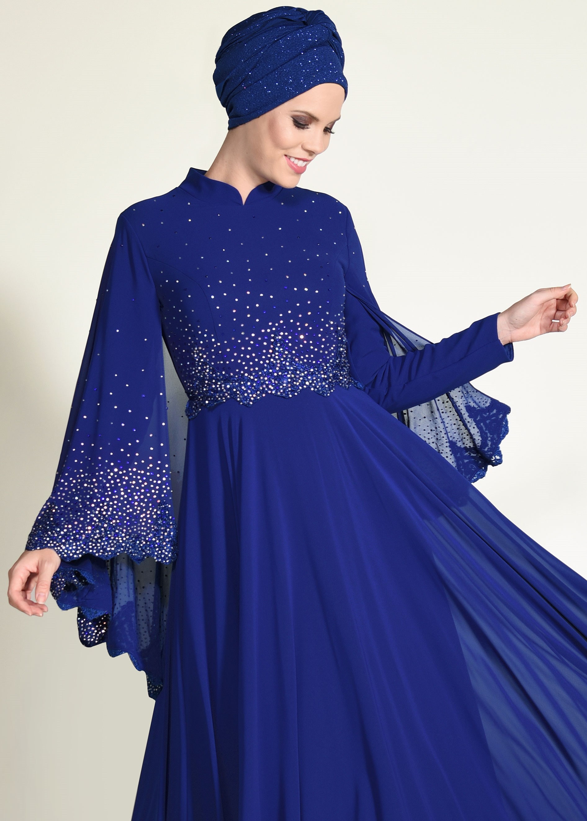 Tesettür giyim MAVİ TAŞLI PELERİNLİ ABİYE ELBİSE 5506