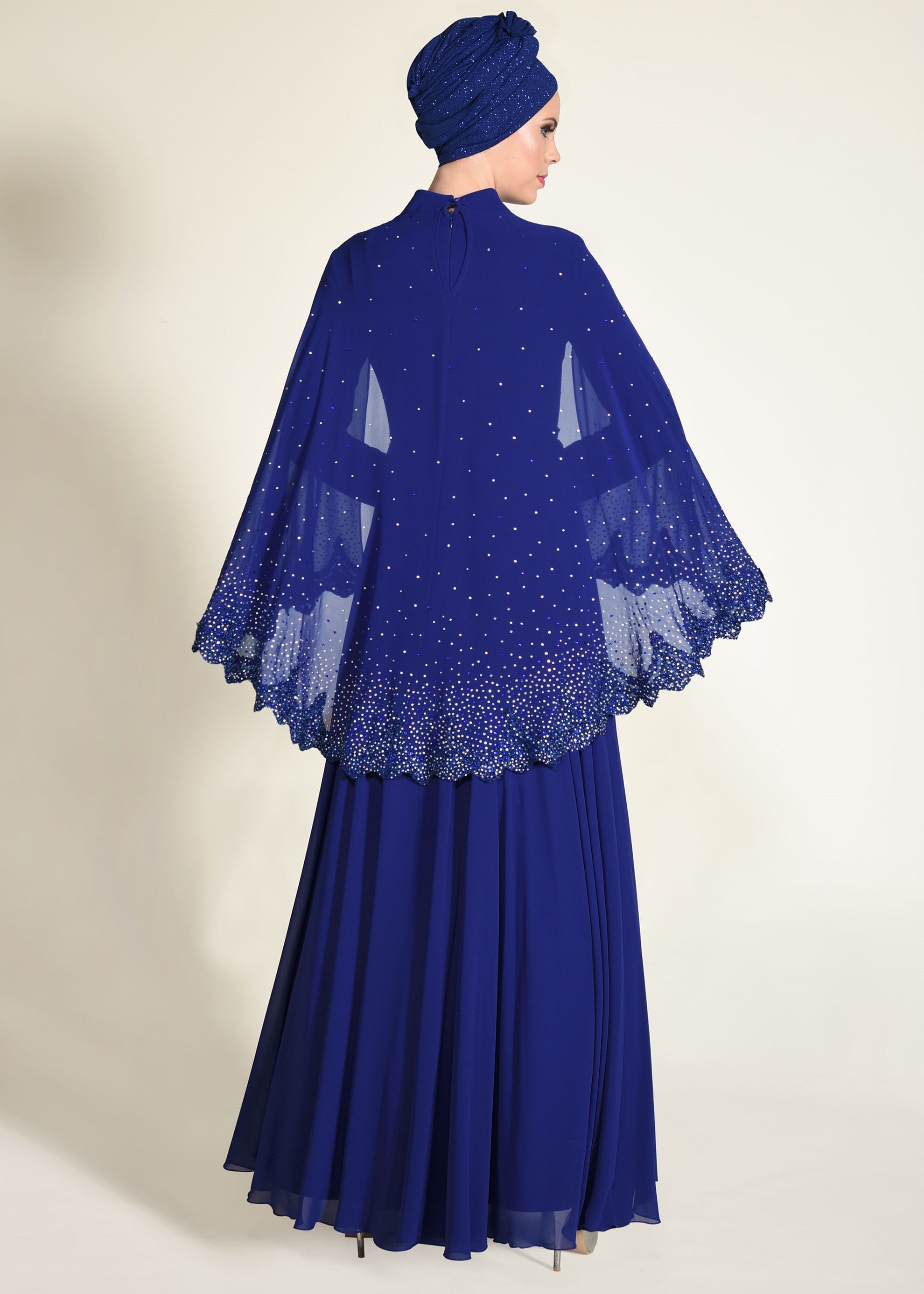 Tesettür giyim MAVİ TAŞLI PELERİNLİ ABİYE ELBİSE 5506