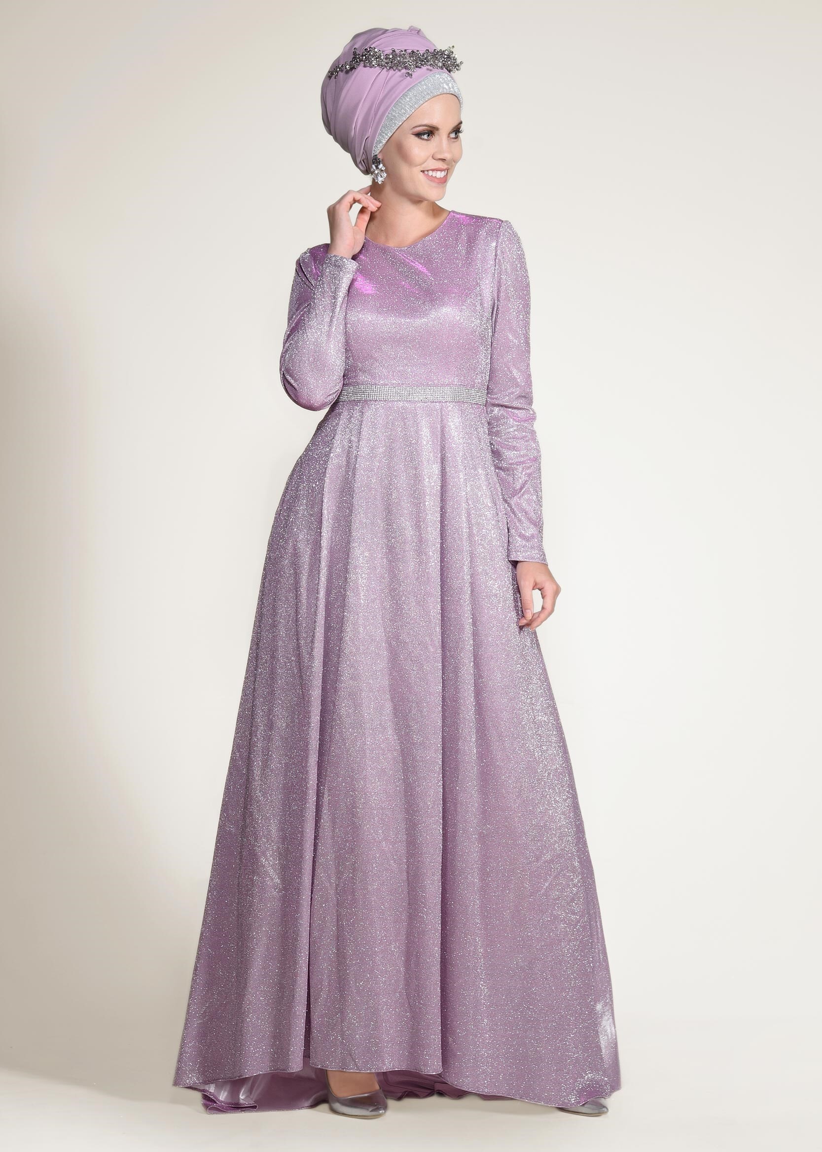 Tesettür giyim PUDRA BELİ TAŞ ŞERİTLİ SİMLİ ABİYE ELBİSE 5526