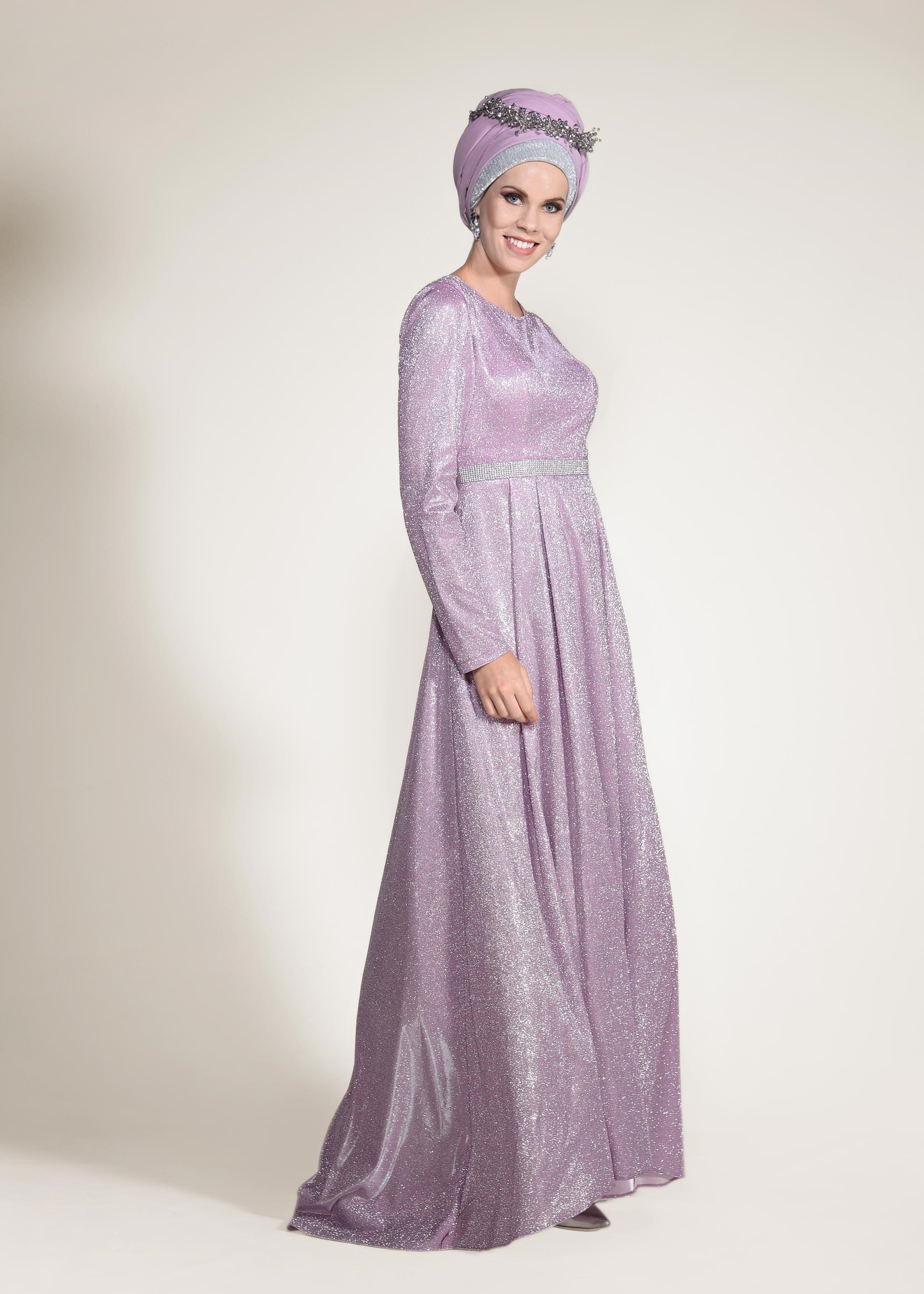 Tesettür giyim PUDRA BELİ TAŞ ŞERİTLİ SİMLİ ABİYE ELBİSE 5526