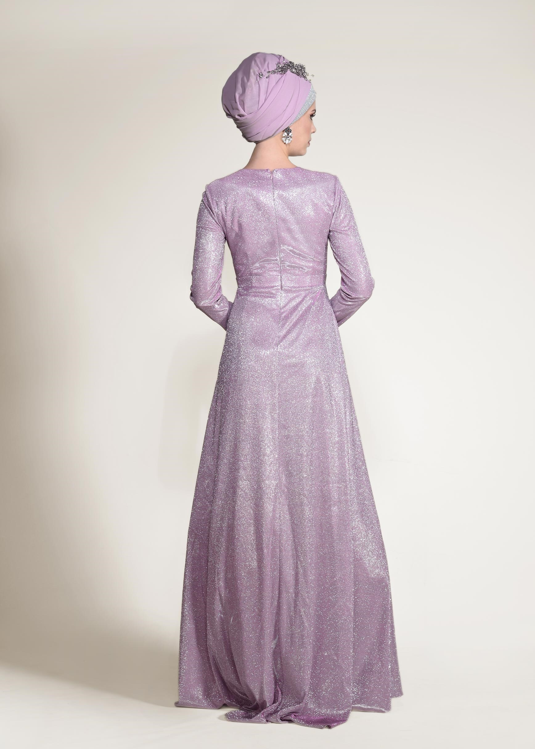 Tesettür giyim PUDRA BELİ TAŞ ŞERİTLİ SİMLİ ABİYE ELBİSE 5526