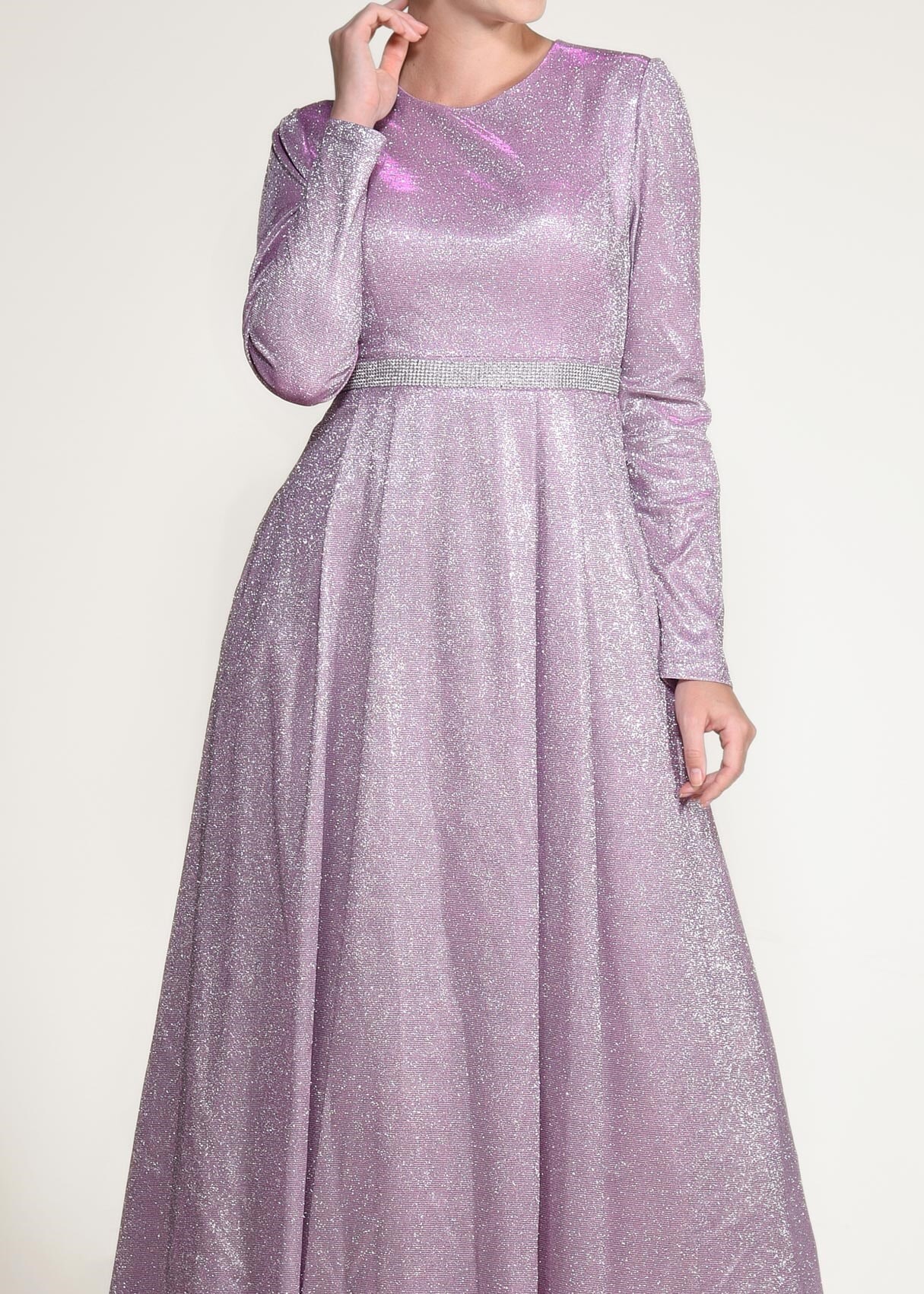 Tesettür giyim PUDRA BELİ TAŞ ŞERİTLİ SİMLİ ABİYE ELBİSE 5526