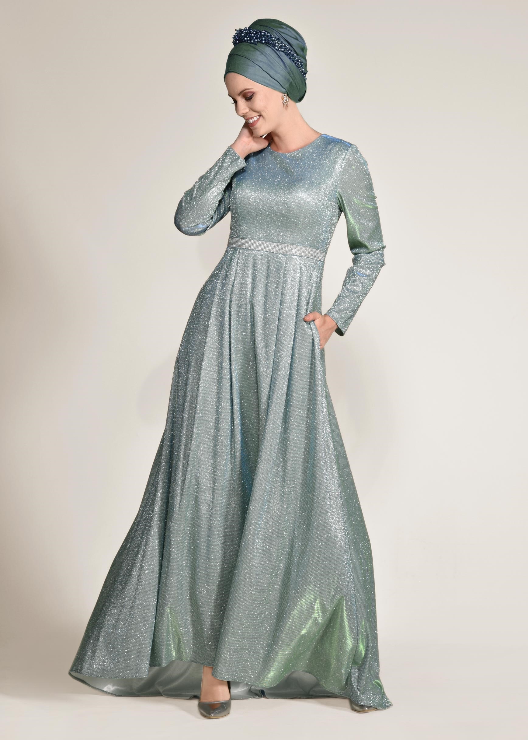 Tesettür giyim MAVİ BELİ TAŞ ŞERİTLİ SİMLİ ABİYE ELBİSE 5526 