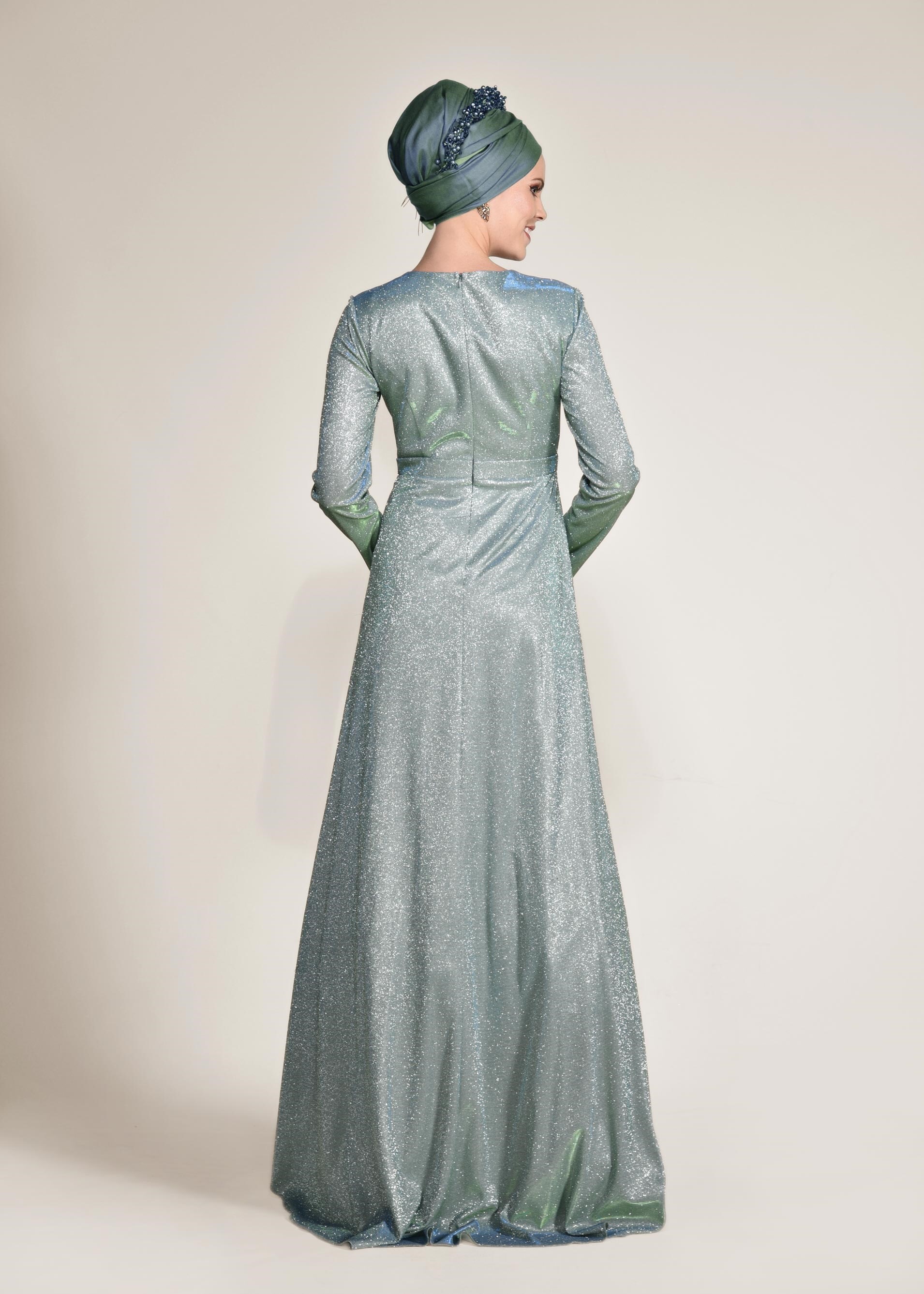 Tesettür giyim MAVİ BELİ TAŞ ŞERİTLİ SİMLİ ABİYE ELBİSE 5526 