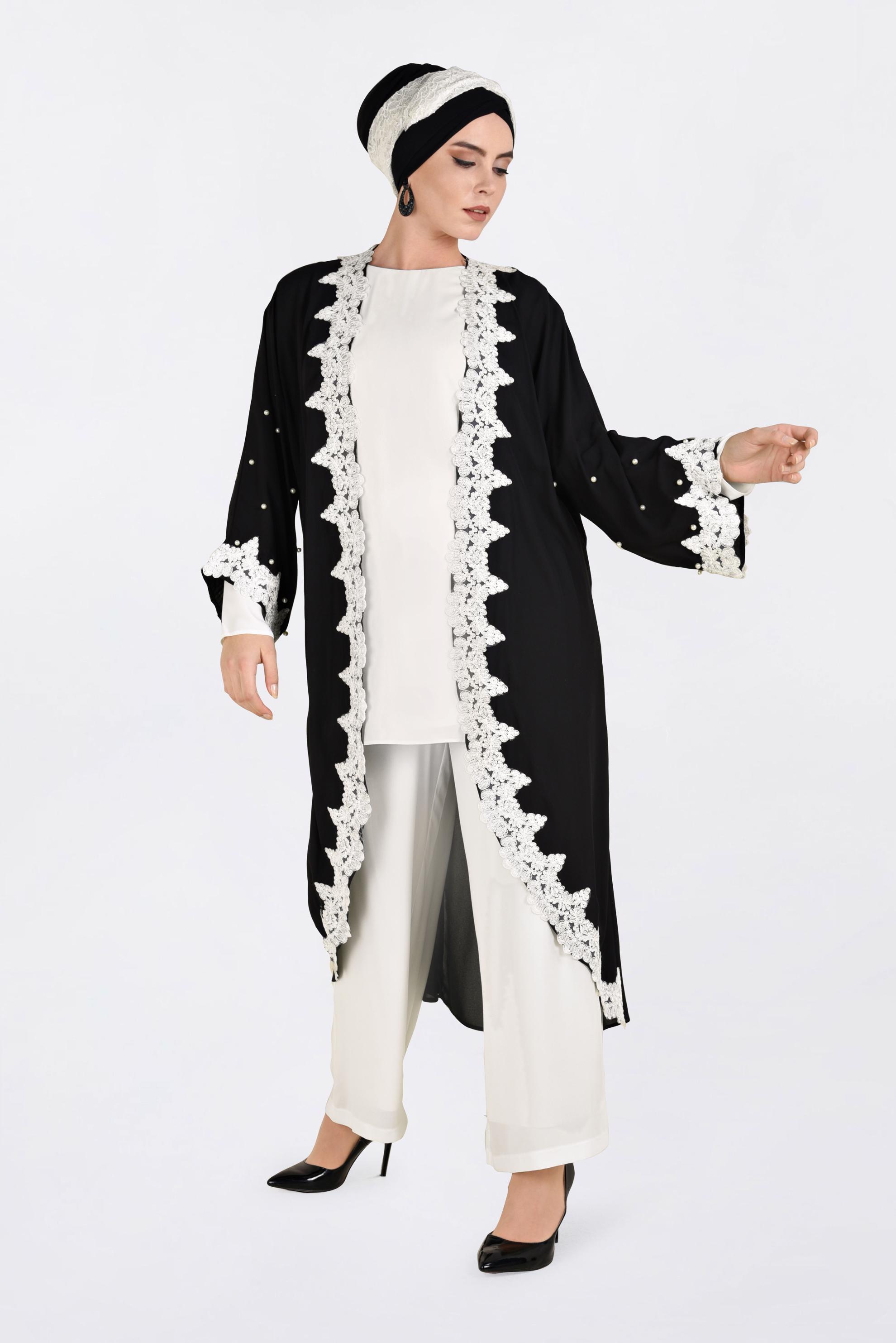 Tesettür giyim SİYAH DANTEL DETAYLI 3&prime;LÜ PANTOLONLU ABİYE 5465