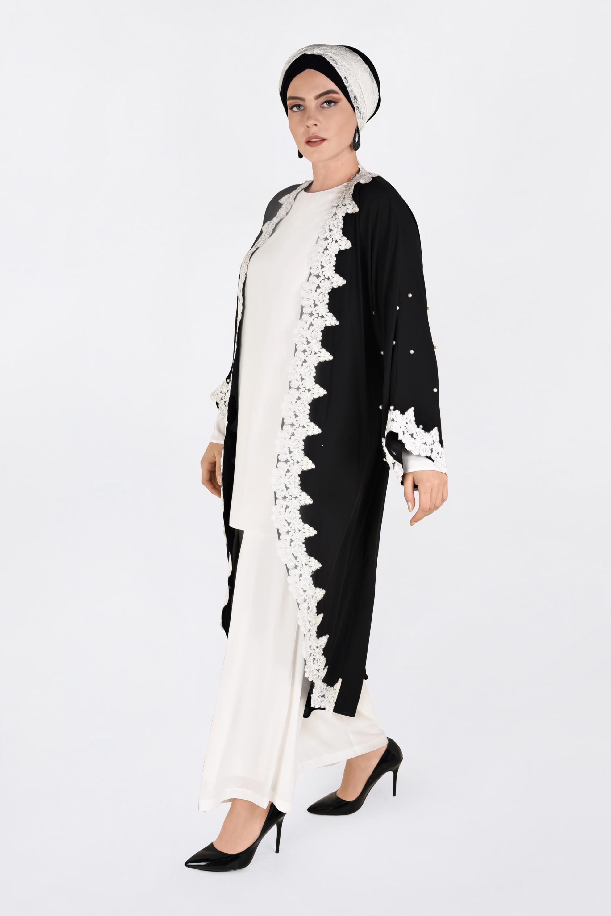 Tesettür giyim SİYAH DANTEL DETAYLI 3&prime;LÜ PANTOLONLU ABİYE 5465