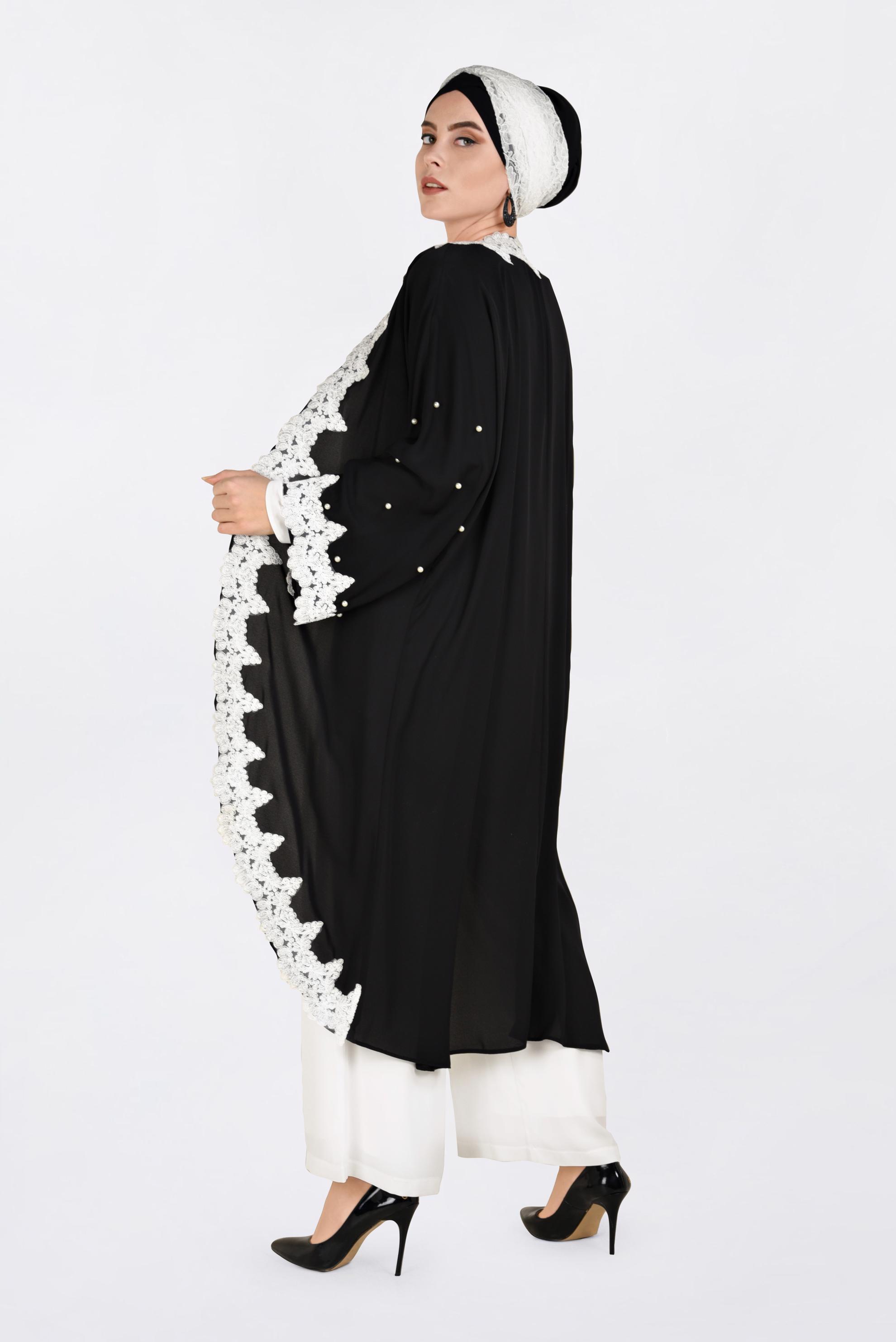 Tesettür giyim SİYAH DANTEL DETAYLI 3&prime;LÜ PANTOLONLU ABİYE 5465