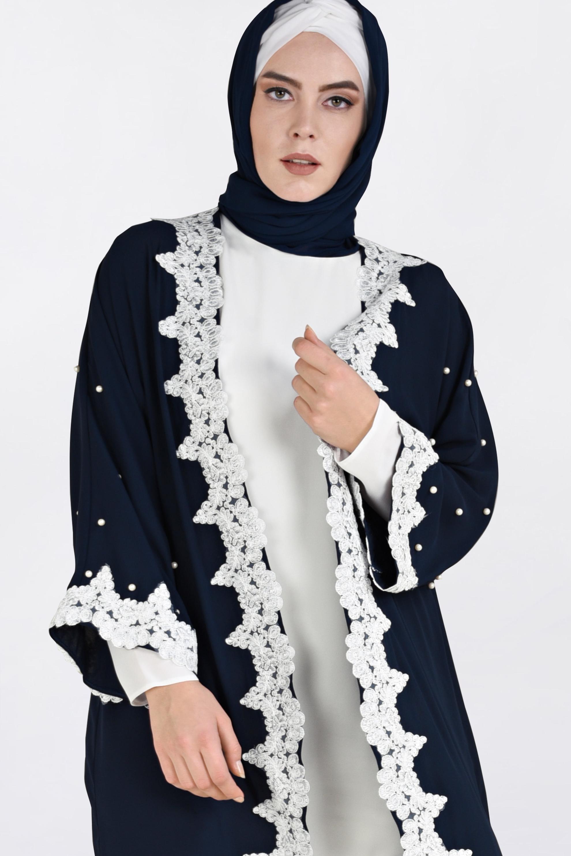 Tesettür giyim LACİVERT DANTEL DETAYLI 3&prime;LÜ PANTOLONLU ABİYE 5465