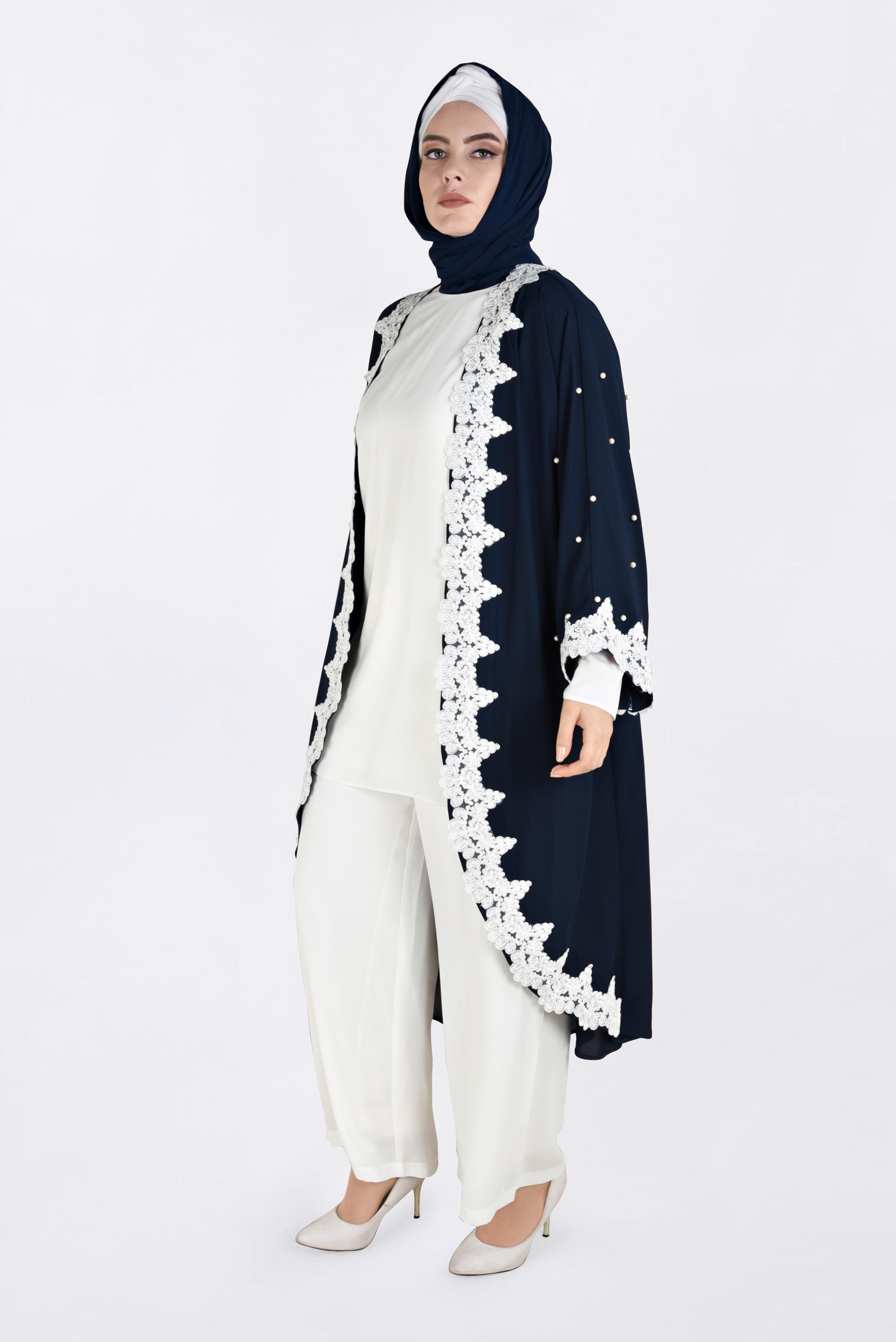 Tesettür giyim LACİVERT DANTEL DETAYLI 3&prime;LÜ PANTOLONLU ABİYE 5465