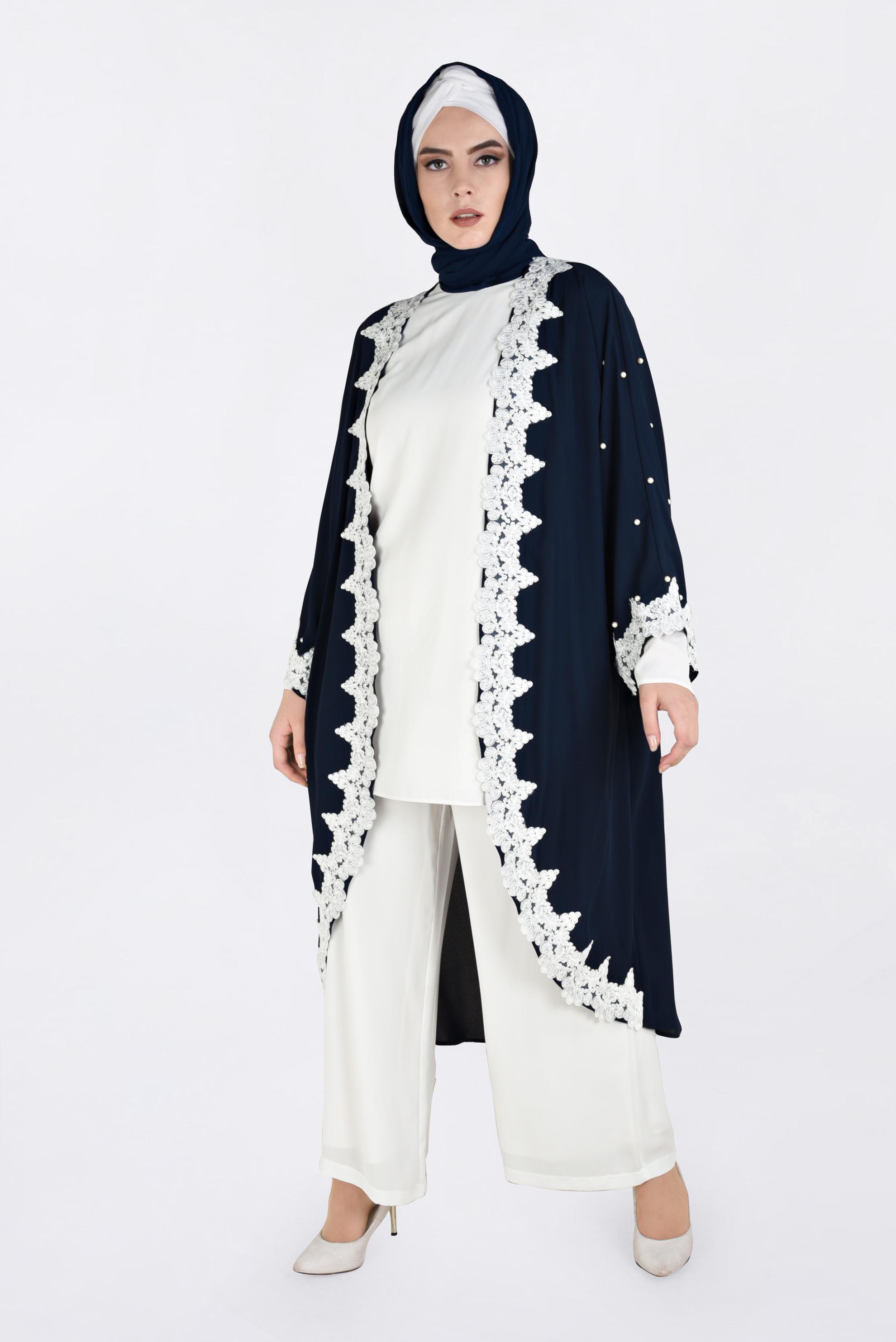 Tesettür giyim LACİVERT DANTEL DETAYLI 3&prime;LÜ PANTOLONLU ABİYE 5465